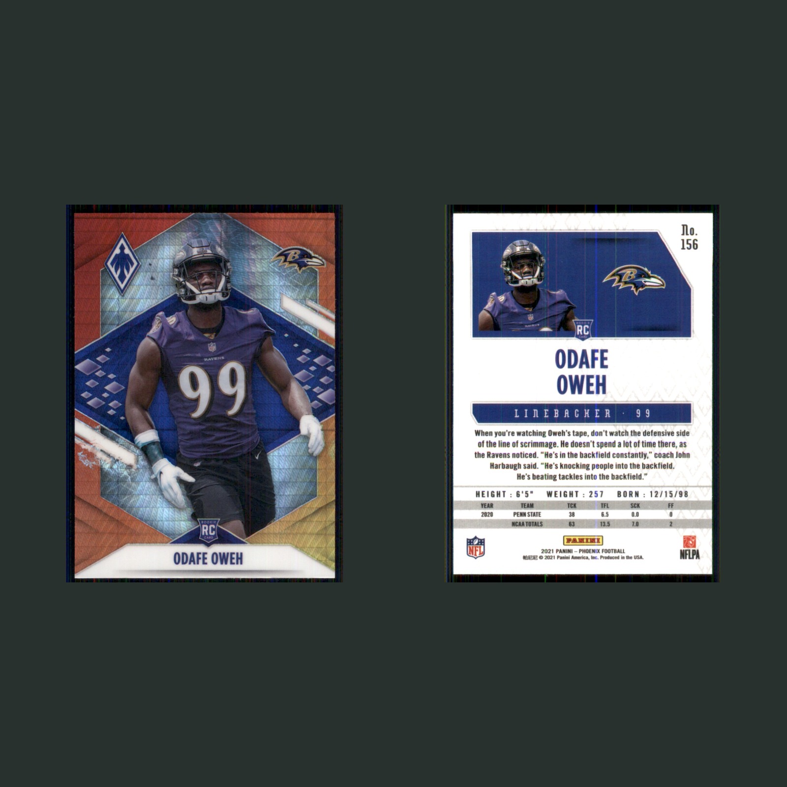 Odafe Oweh Rookie #156 2021 Panini Phoenix Prizm Baltimore Ravens Football Card front and back scans. Card condition is Near Mint.