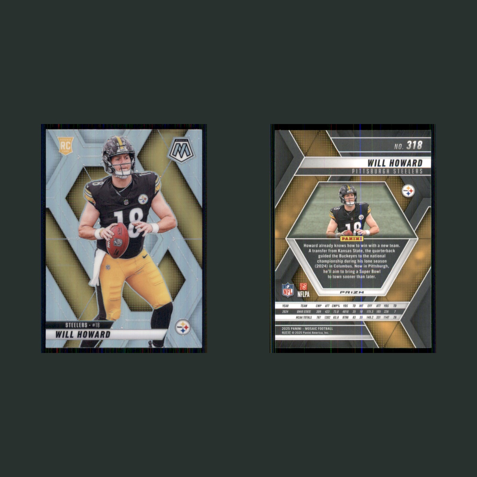 Will Howard Rookie #318 2025 Panini Mosaic Silver Prizm Pittsburgh Steelers Card front and back scans. Card condition is Near Mint.