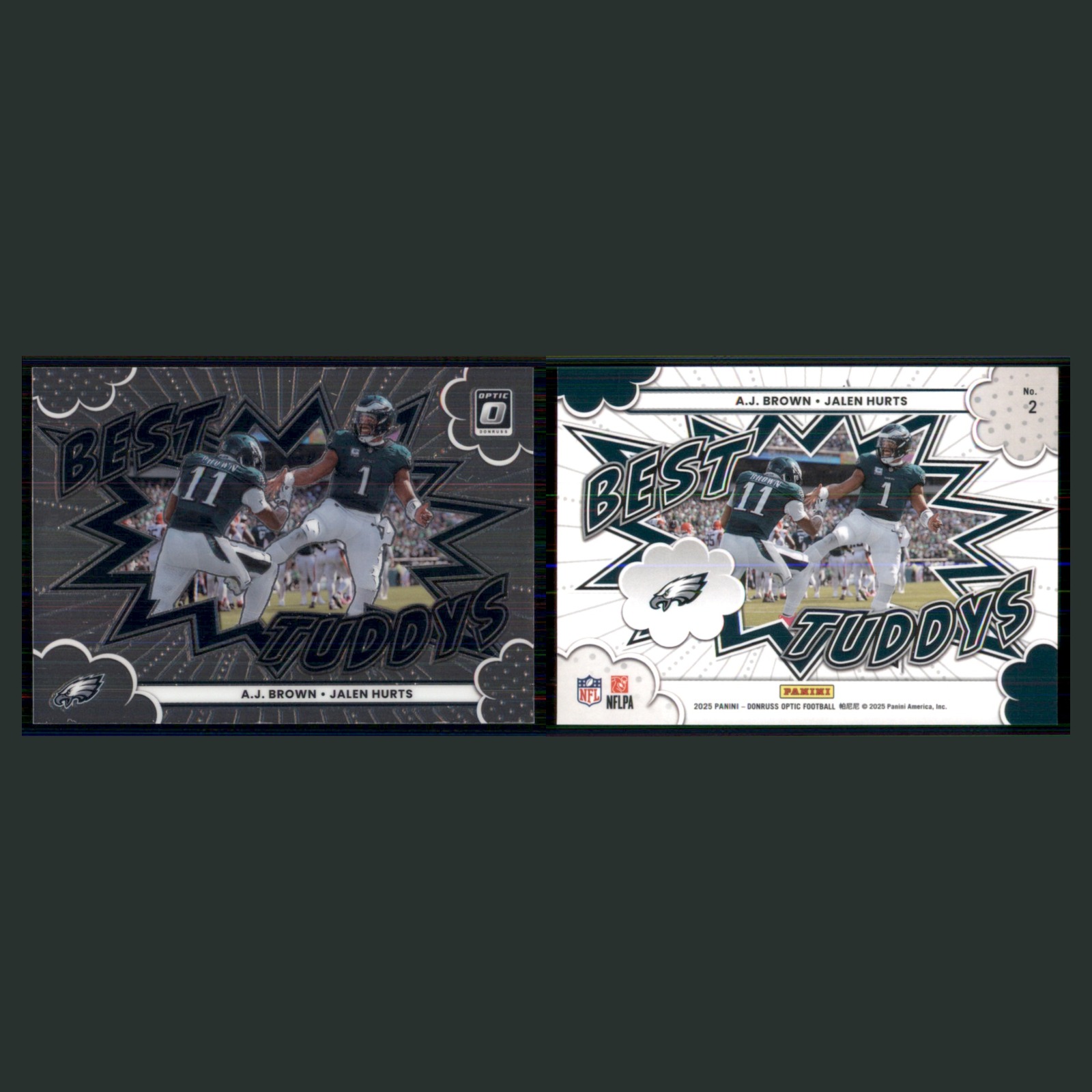 A.J. Brown/Jalen Hurts #2 2025 Donruss Optic Best Tuddys Philadelphia Eagles NFL front and back scans. Card condition is Near Mint.