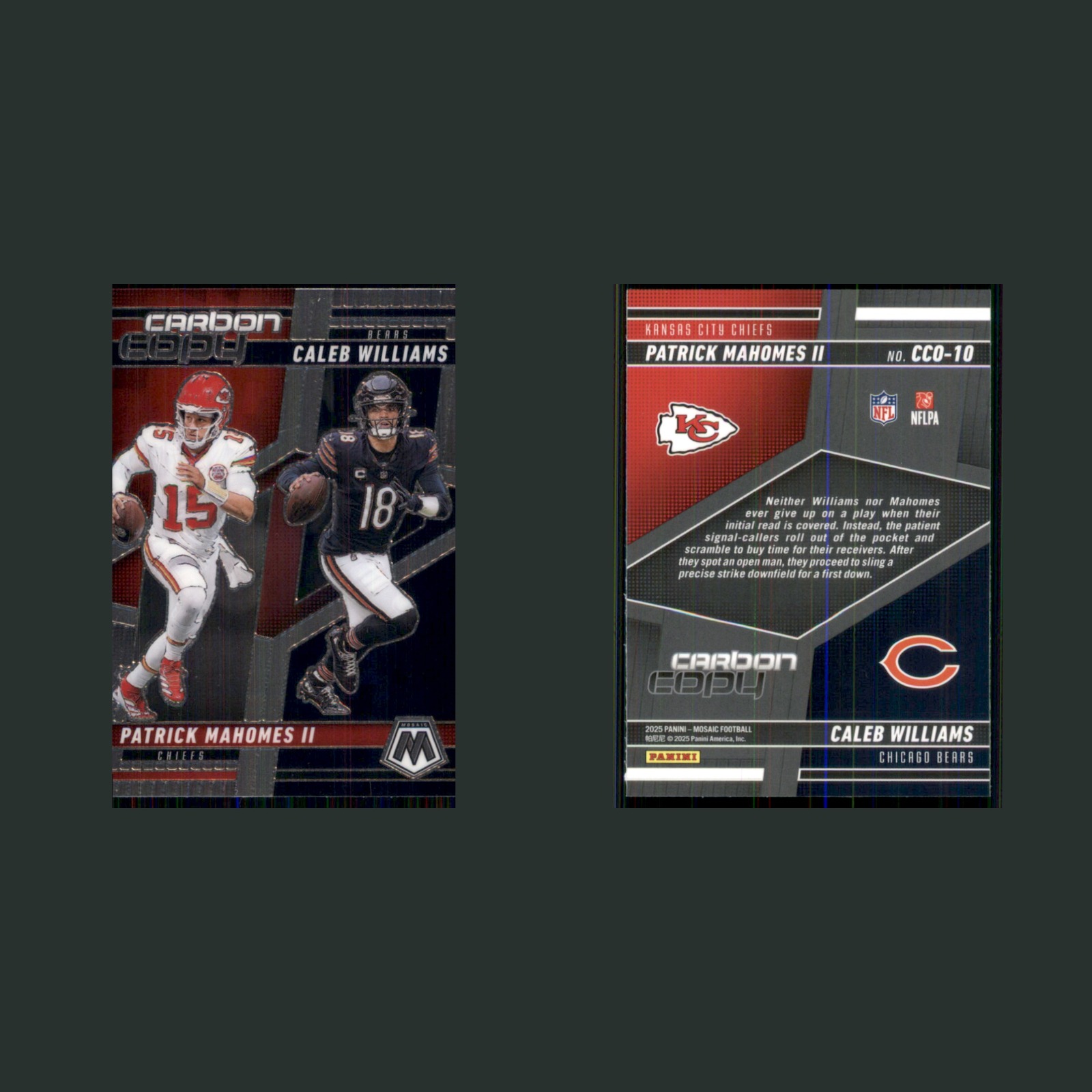 Patrick Mahomes II/Caleb Williams #CCO-10 2025 Football Card NFL front and back scans. Card condition is Near Mint.