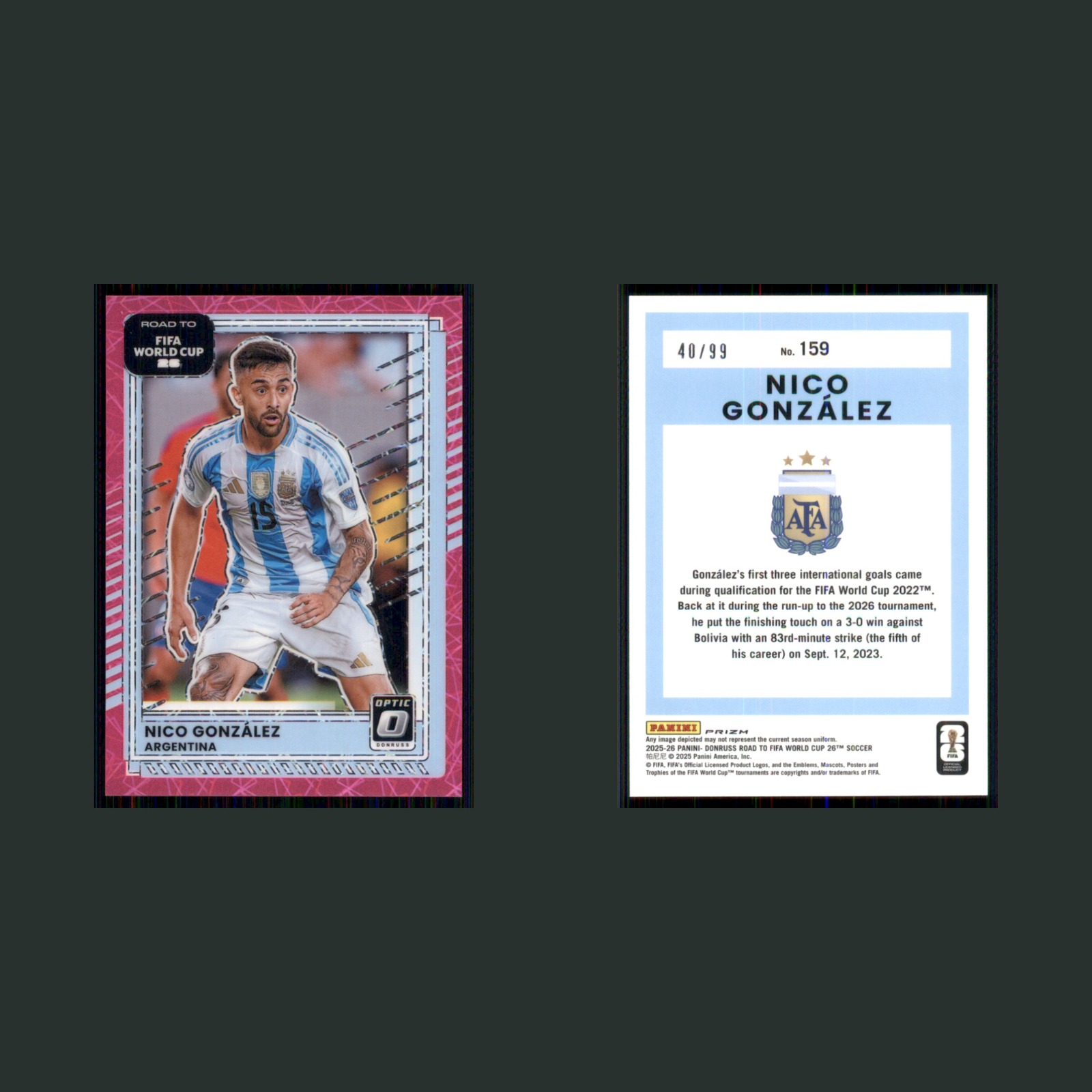 Nico González /99 #159 2023 Argentina Soccer Card front and back scans. Card condition is Near Mint.