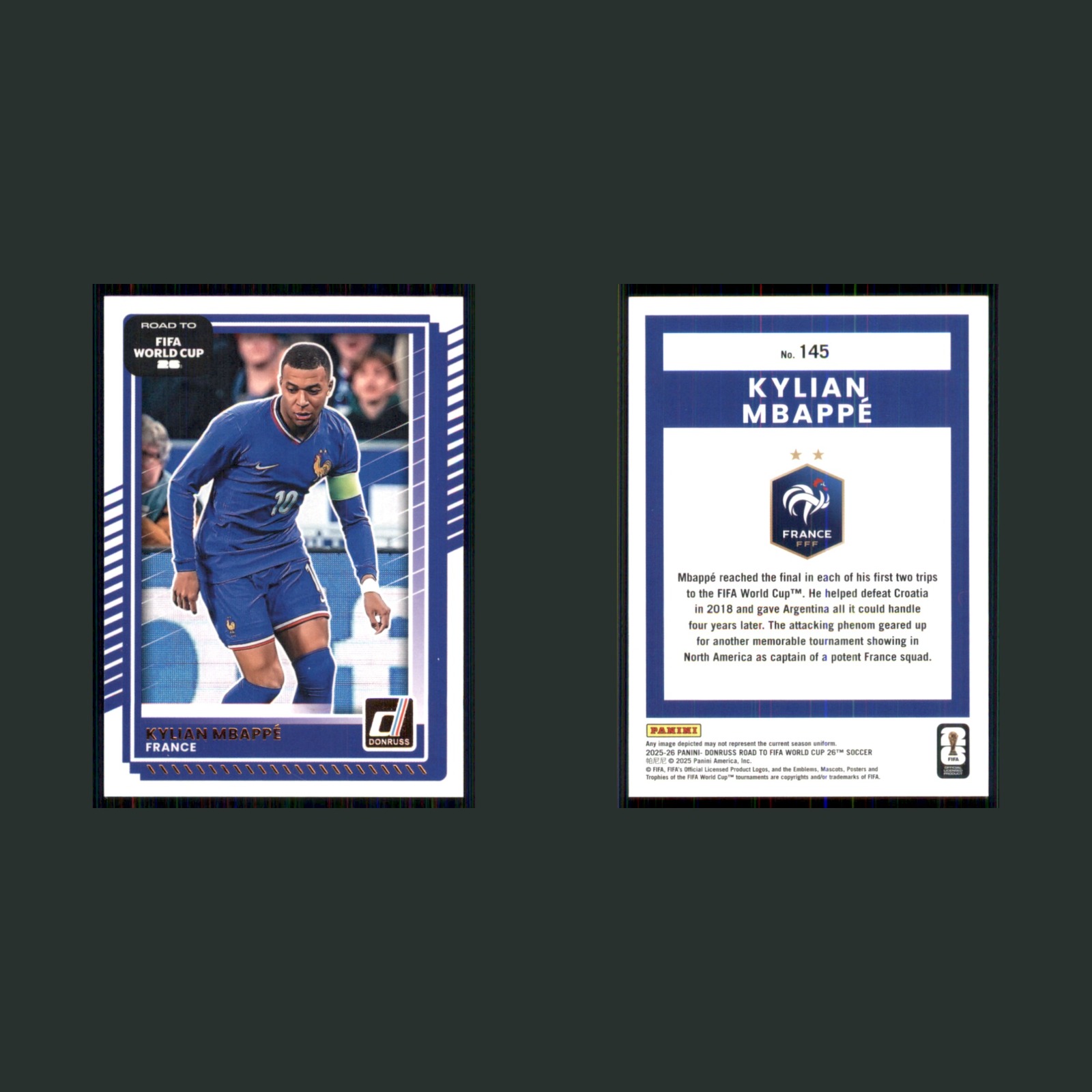 Kylian Mbappé #145 2025 Panini Donruss Road to FIFA World Cup France Soccer Card front and back scans. Card condition is Near Mint.