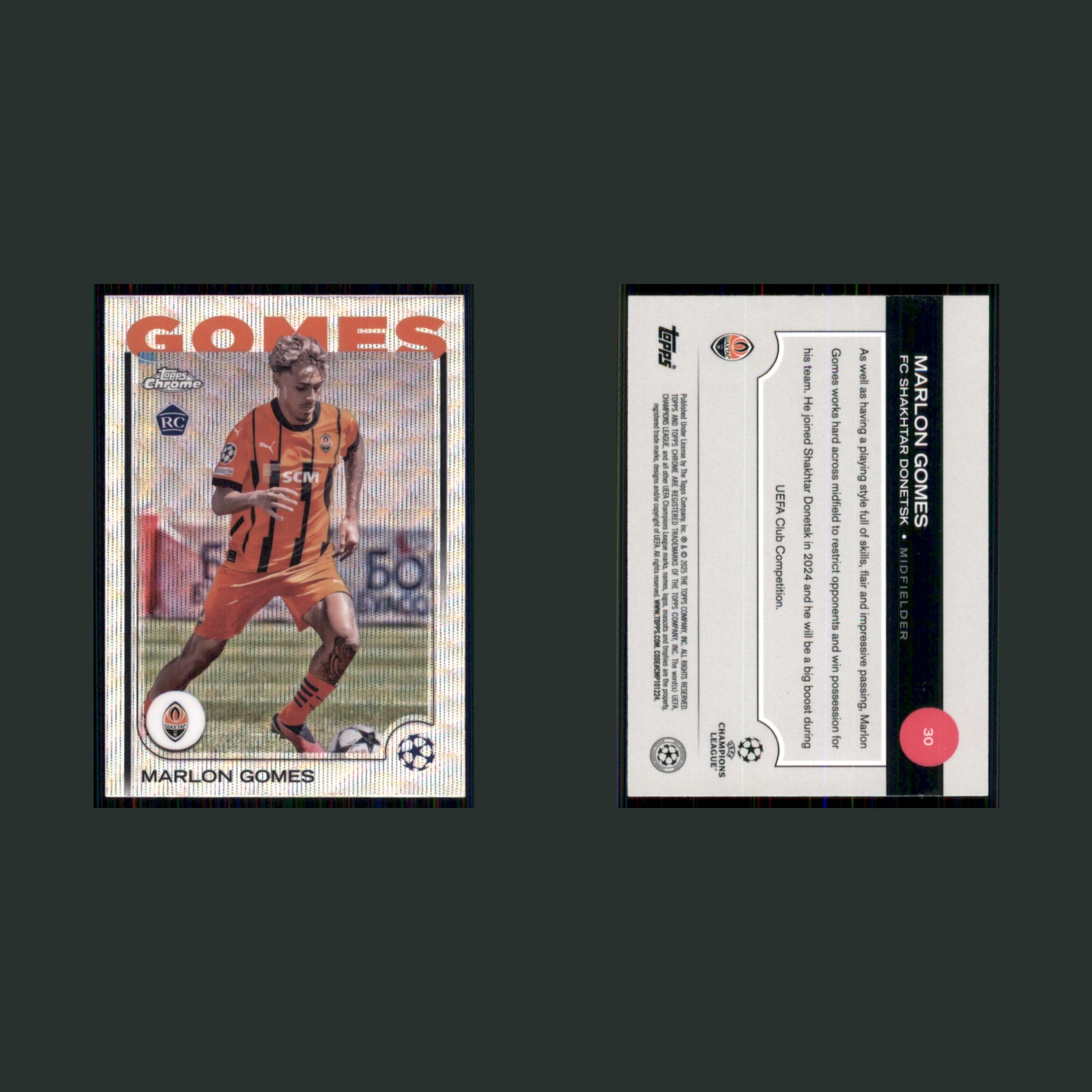 Marlon Gomes Rookie #30 2024 Topps Chrome UEFA Champions League Wave Refractor front and back scans. Card condition is Near Mint.