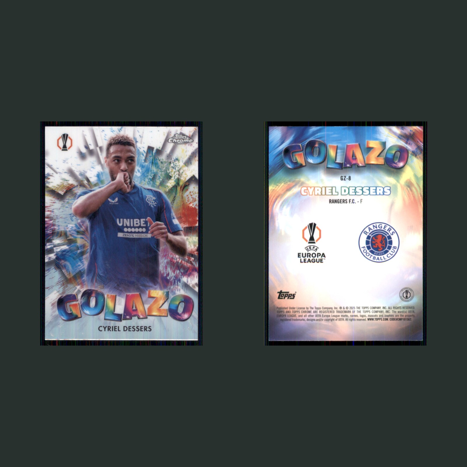 Cyriel Dessers #GZ-8 2025 Topps Chrome UEFA Golazo Rangers F.C. Soccer Card front and back scans. Card condition is Near Mint.