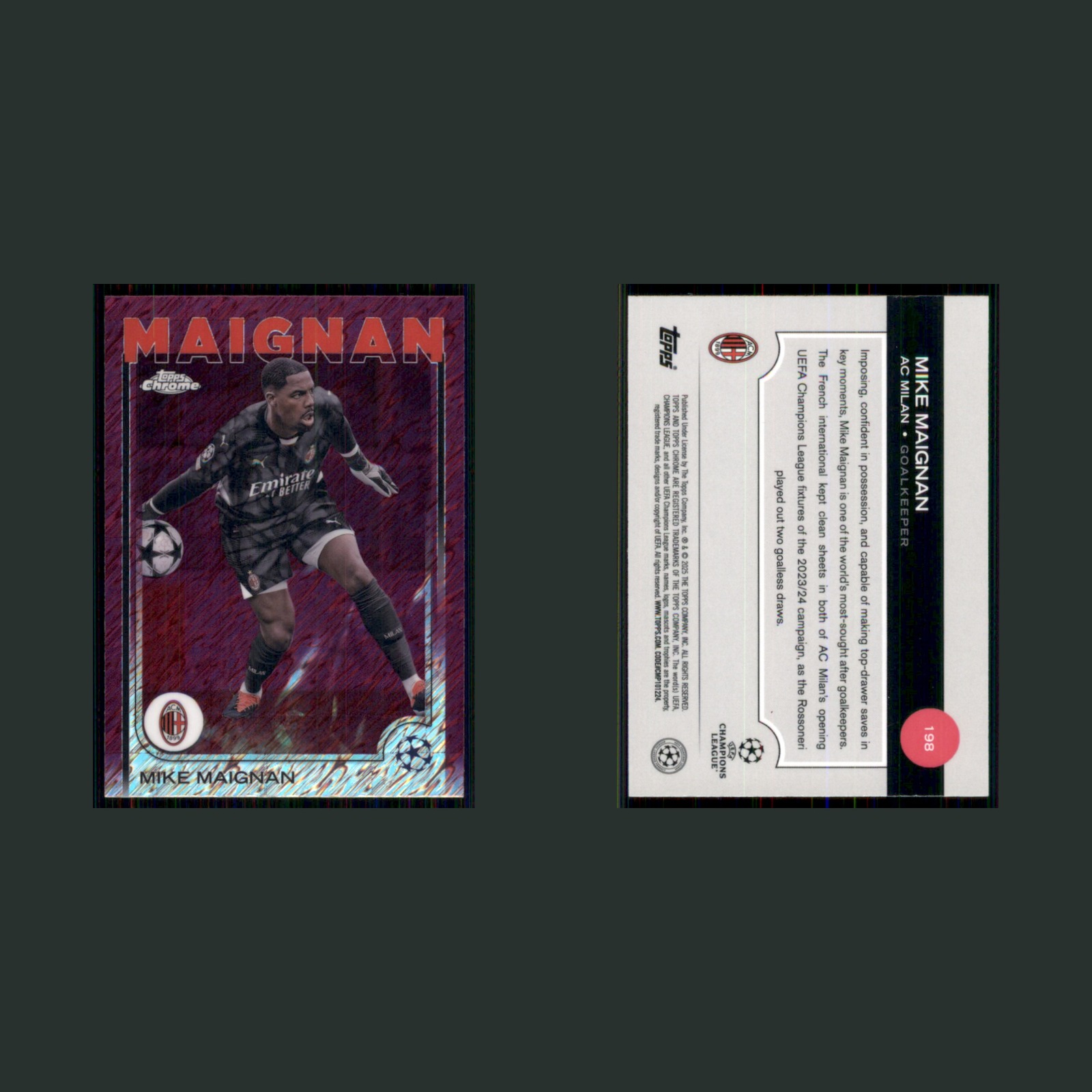Mike Maignan #198 2025 Topps Chrome Magenta Shimmer Refractor AC Milan Soccer front and back scans. Card condition is Near Mint.