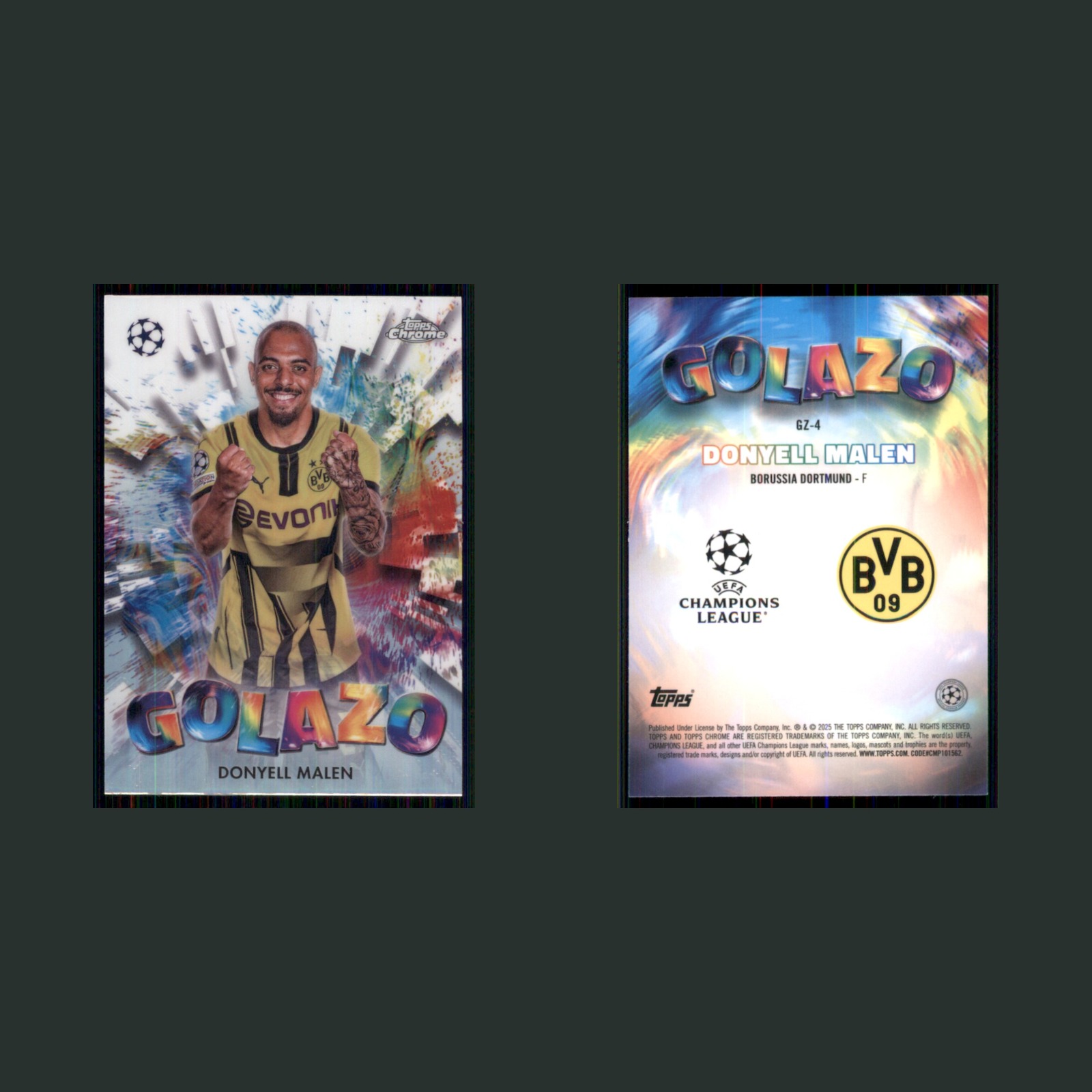 Donyell Malen #GZ-4 2025 Topps Chrome UEFA Champions League Golazo Soccer Card front and back scans. Card condition is Near Mint.