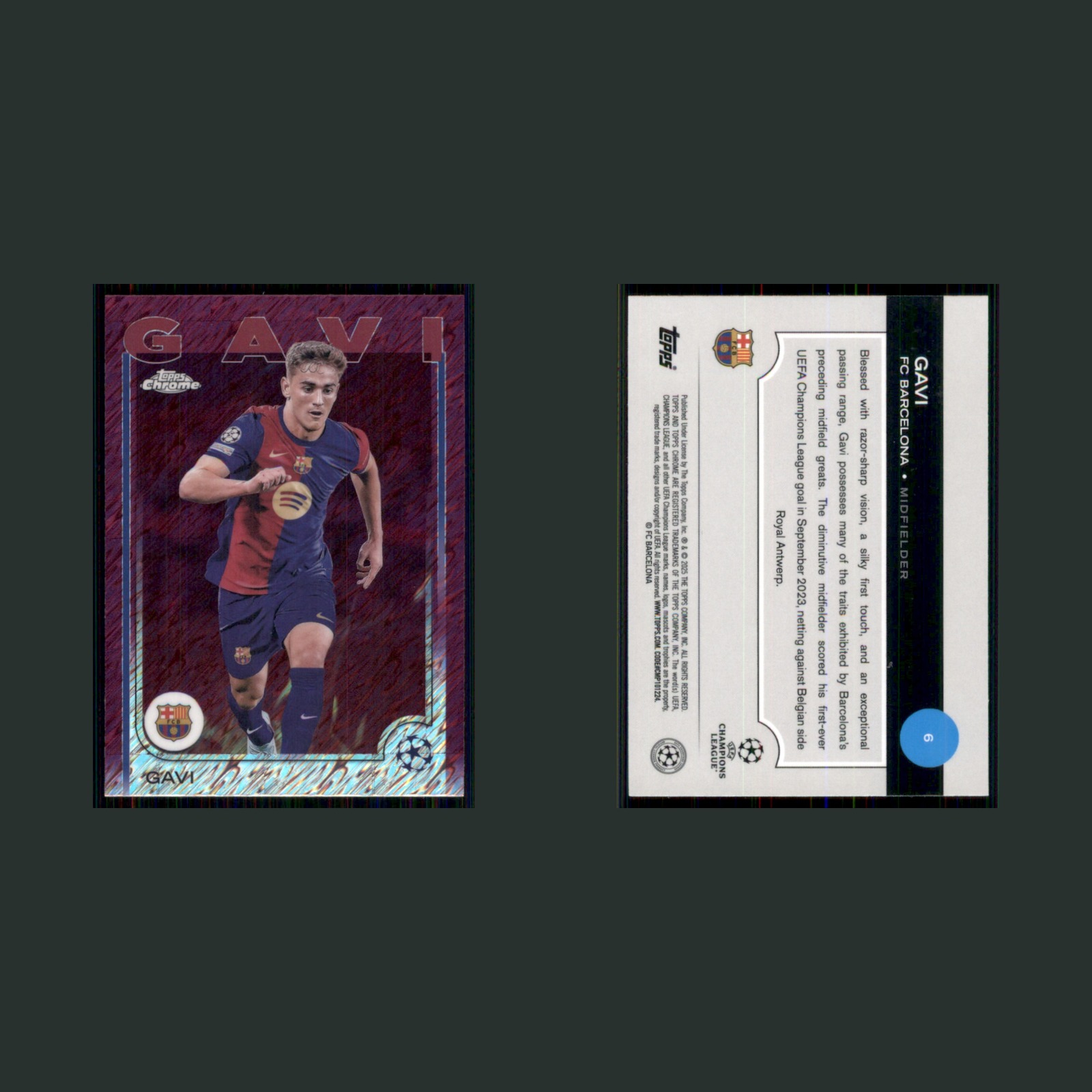 Gavi #6 2025 Topps Chrome Magenta Shimmer Refractor FC Barcelona Soccer Card front and back scans. Card condition is Near Mint.