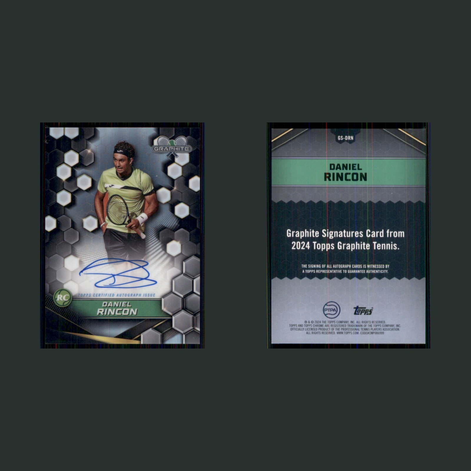 Daniel Rincon Rookie #GS-DRN Autograph 2024 Tennis Card front and back scans. Card condition is Near Mint.