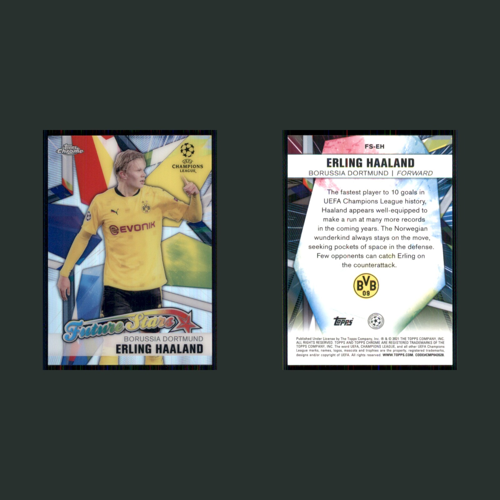 Erling Haaland #FS-EH 2021 Topps Chrome UEFA Champions League Future Stars Card front and back scans. Card condition is Near Mint.