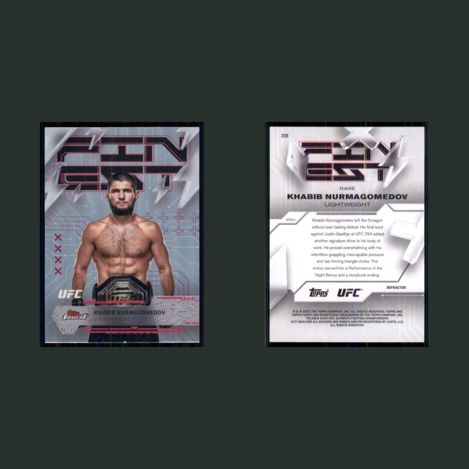 Khabib Nurmagomedov #235 2025 Topps Finest UFC Refractor MMA Card front and back scans. Card condition is Near Mint.