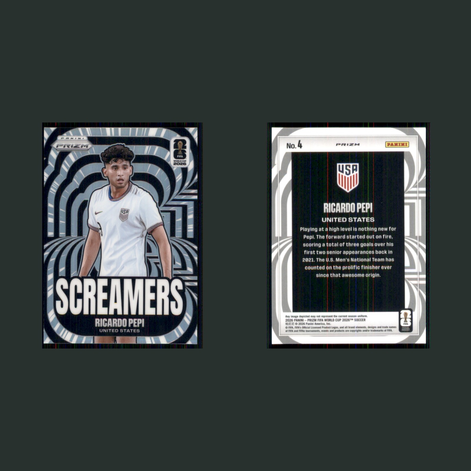 Ricardo Pepi #4 2026 Panini Prizm FIFA World Cup Screamers Silver United States front and back scans. Card condition is Near Mint.