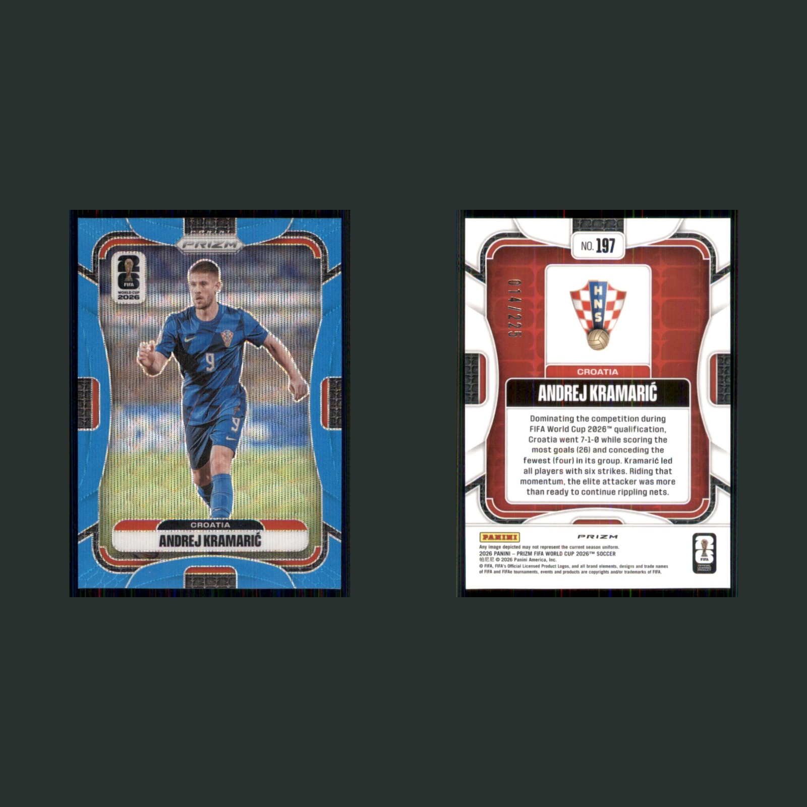 Andrej Kramaric /225 #197 2023 Panini Prizm FIFA World Cup Blue Croatia Soccer front and back scans. Card condition is Near Mint.