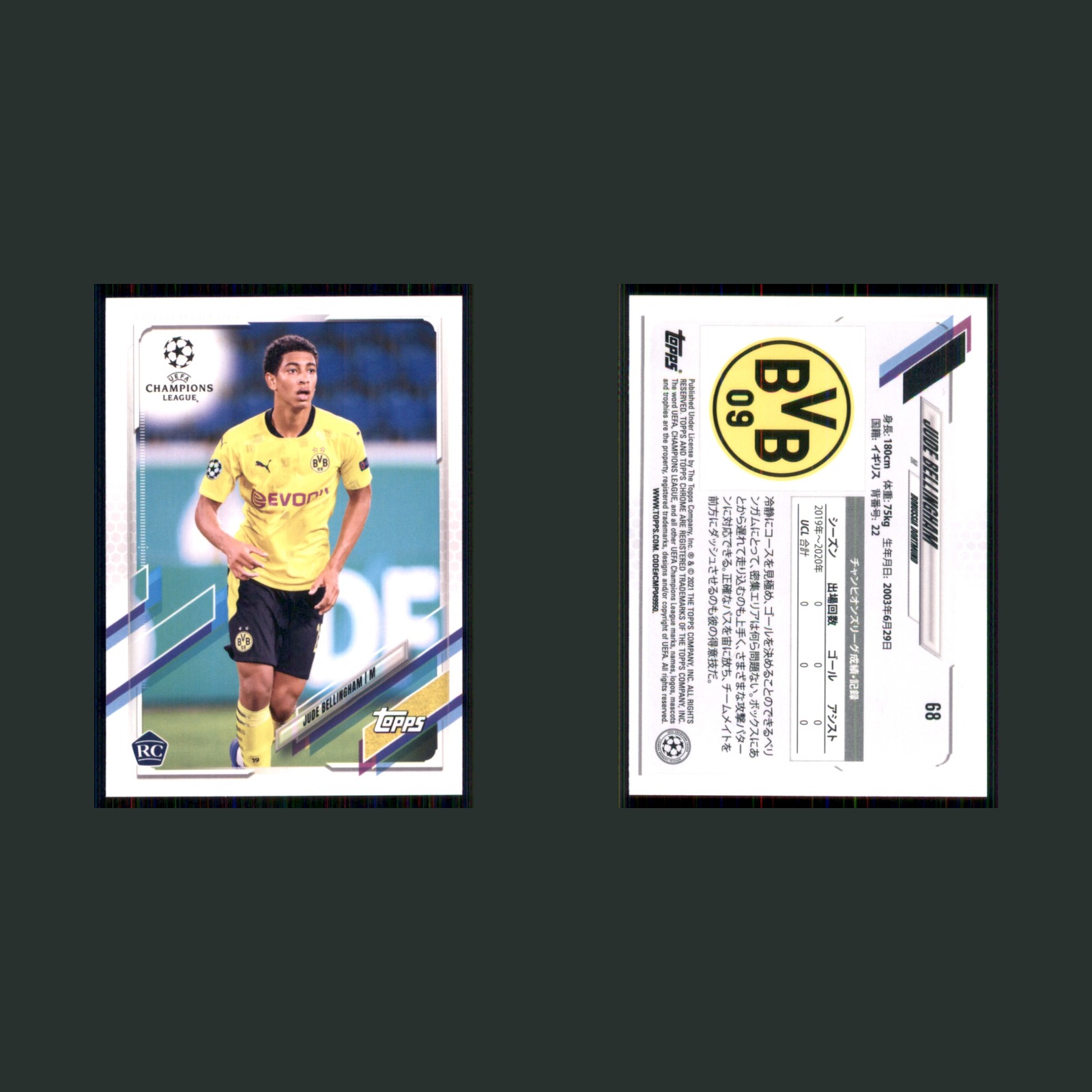 Jude Bellingham Rookie #68 2020 Topps UEFA Champions League Hapan Edition Soccer front and back scans. Card condition is Near Mint.
