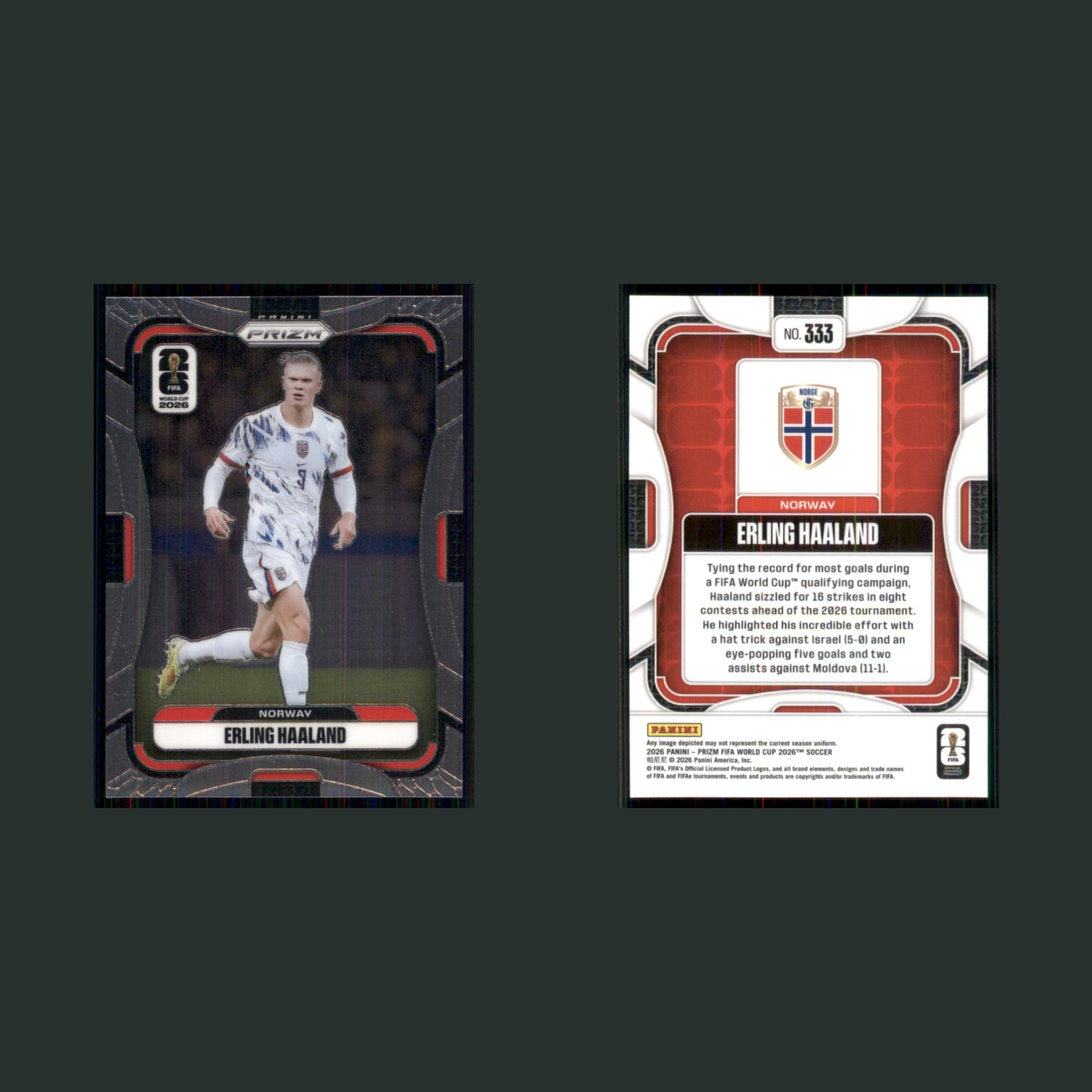 Erling Haaland #333 2026 Panini Prizm FIFA World Cup Norway Soccer Card front and back scans. Card condition is Near Mint.
