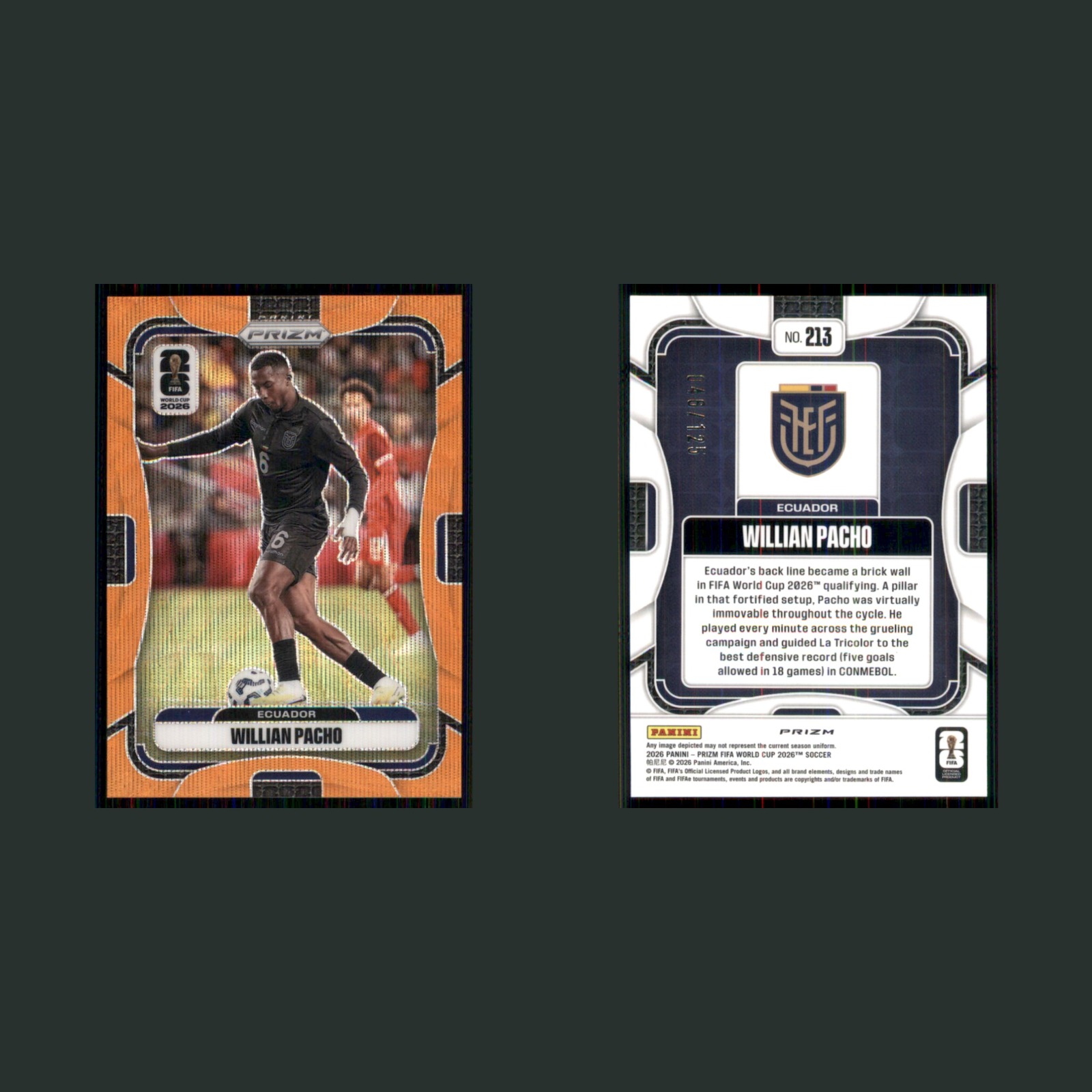 Willian Pacho /125 #213 2026 Panini Prizm FIFA World Cup Orange Wave Ecuador front and back scans. Card condition is Near Mint.