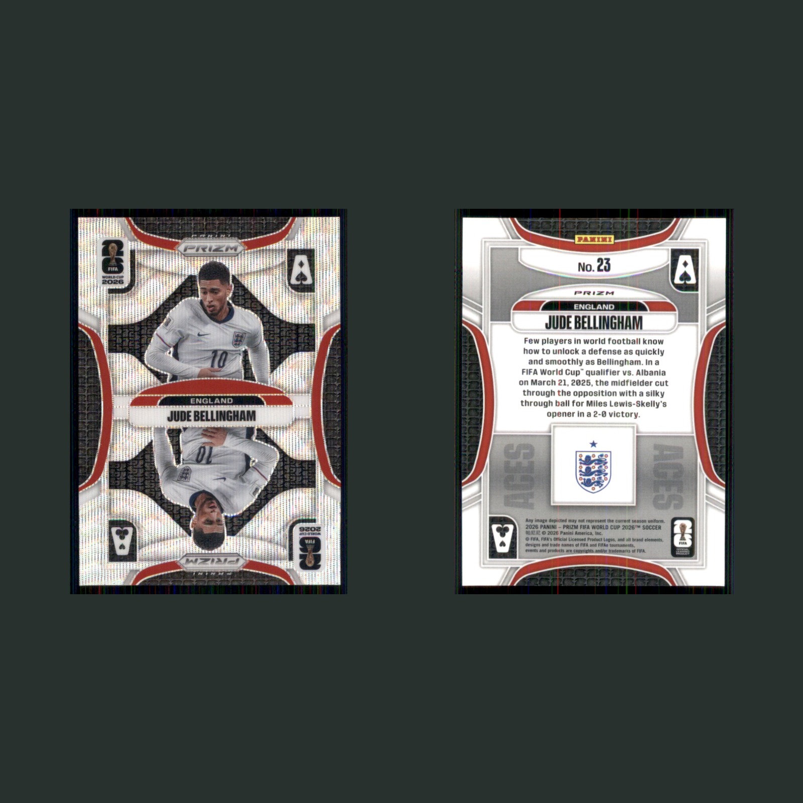 Jude Bellingham #23 2025 Panini Prizm FIFA World Cup Aces Wave England Soccer front and back scans. Card condition is Near Mint.