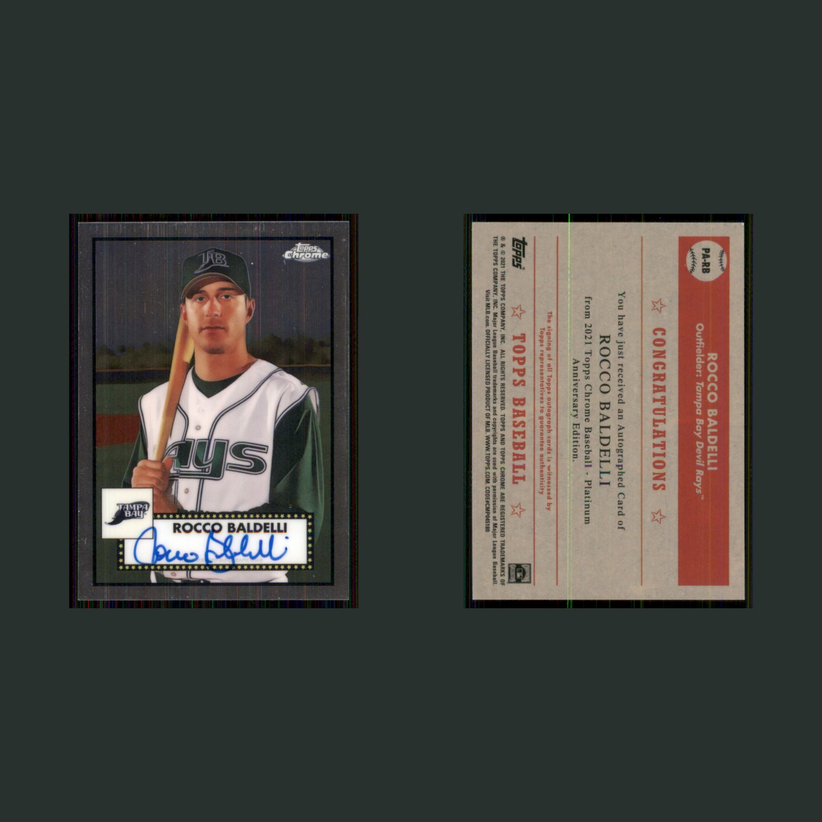 Rocco Baldelli Auto #PA-RB Autograph 2021 Topps Chrome Platinum Anniversary Rays front and back scans. Card condition is Near Mint.