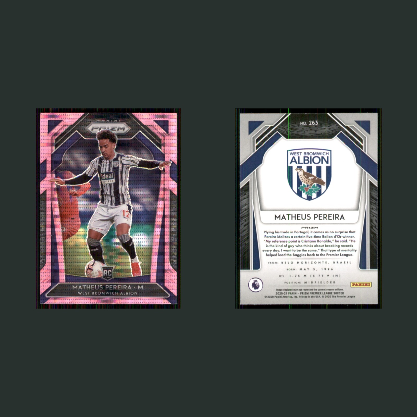 Matheus Pereira Rookie #263 2020 Panini Prizm Premier League Pink Pulsar Soccer front and back scans. Card condition is Near Mint.