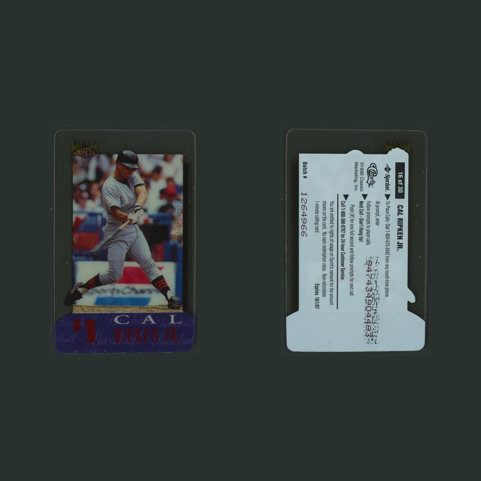Cal Ripken Jr. #16 1996 Classic Assets Phone Card Baltimore Orioles Baseball MLB front and back scans. Card condition is Near Mint.