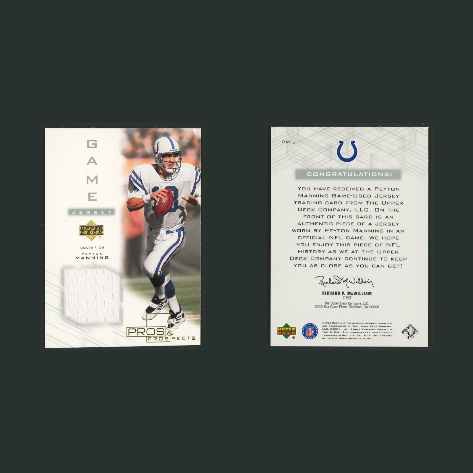 Peyton Manning Patch #PM-J 2001 Upper Deck Pros & Prospects Game Jersey Colts front and back scans. Card condition is Near Mint.