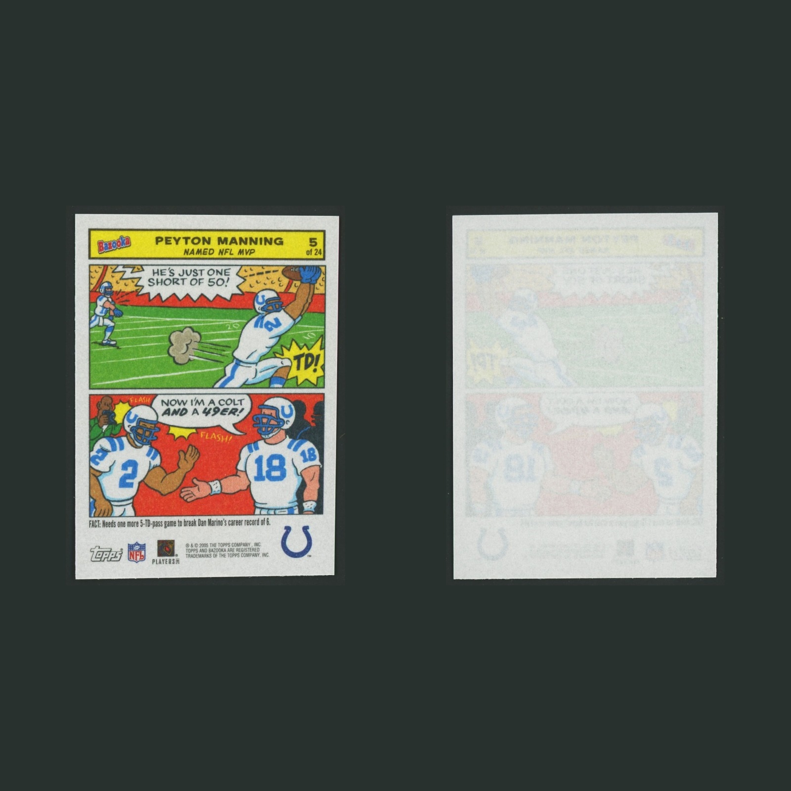 Peyton Manning #5 2005 Topps Bazooka Comics Indianapolis Colts Football Card NFL front and back scans. Card condition is Near Mint.