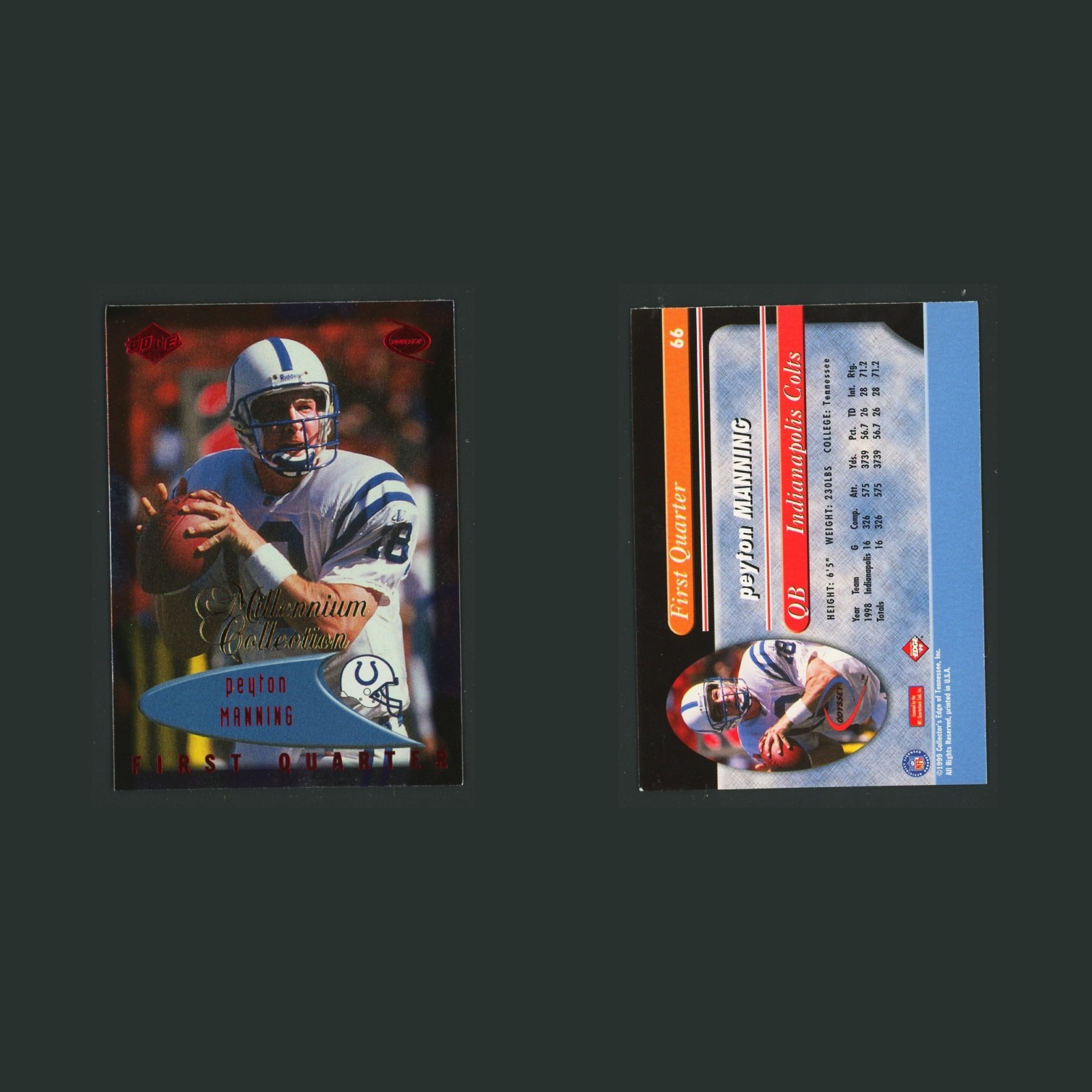 Peyton Manning #66 1999 Edge Millennium Collection Indianapolis Colts Football front and back scans. Card condition is Near Mint.
