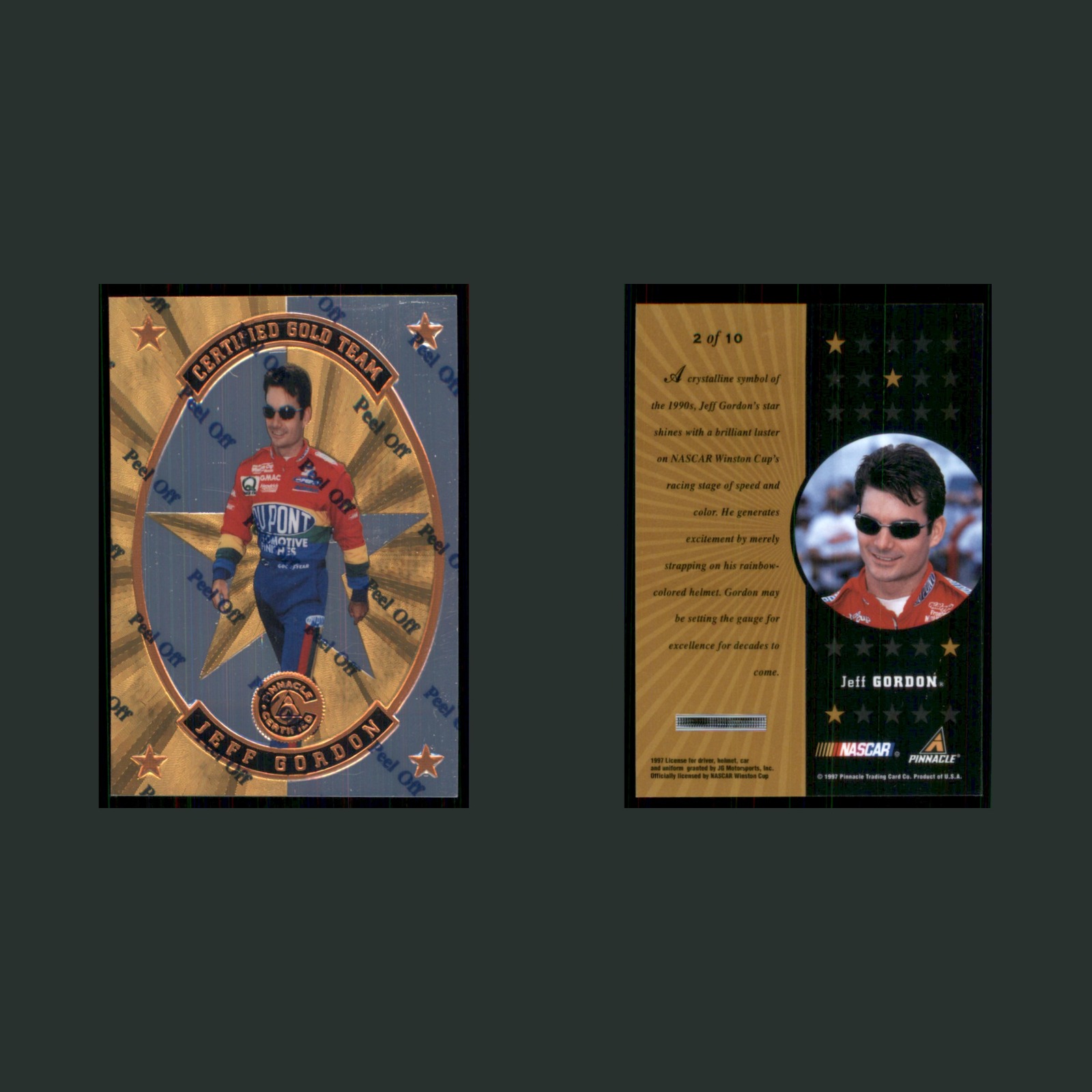 Jeff Gordon #2 1997 Pinnacle Certified Gold Team Racing Card front and back scans. Card condition is Near Mint.