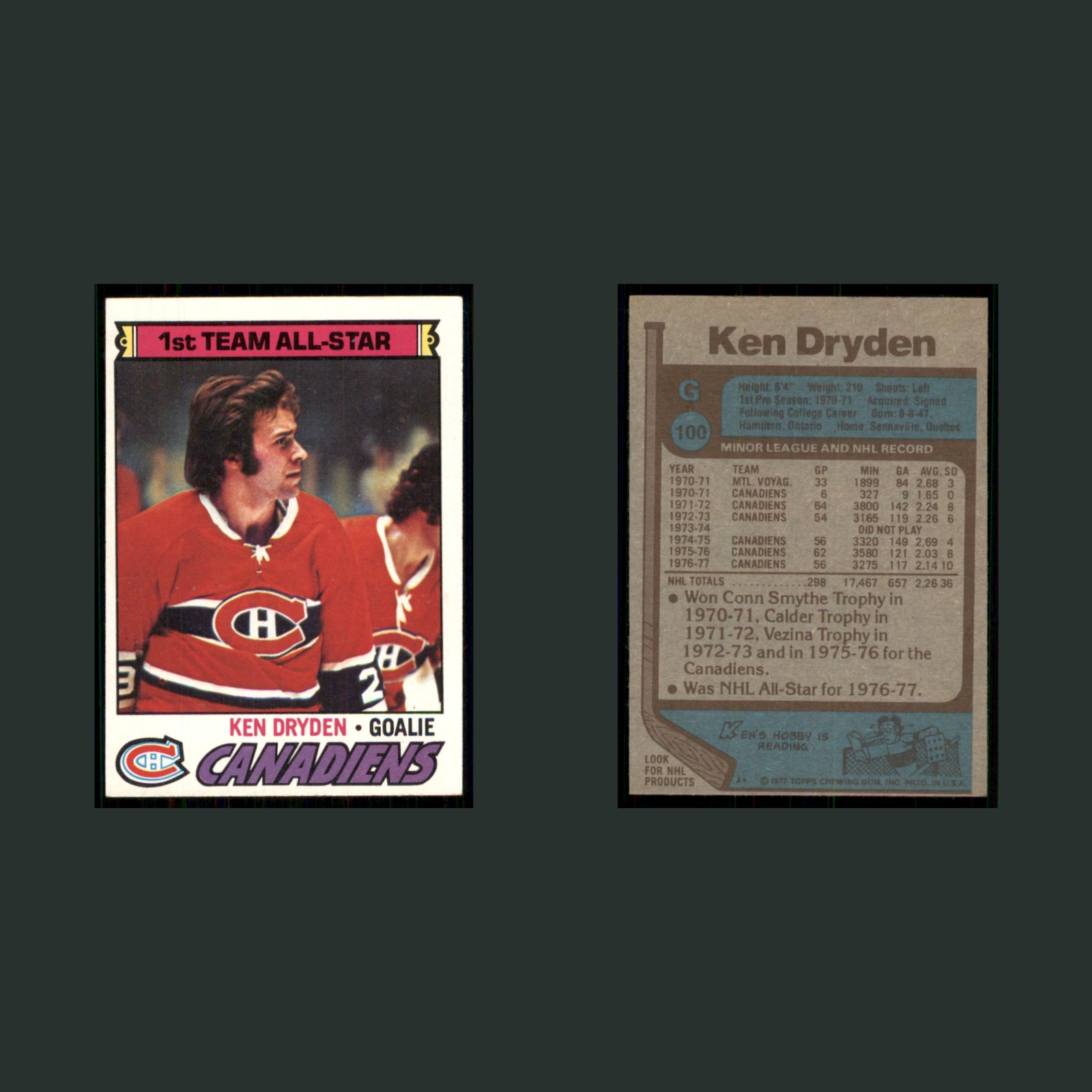 Ken Dryden #100 1977-78 Topps Montreal Canadiens Vintage Hockey Card Set-Break front and back scans. Card condition is Excellent.