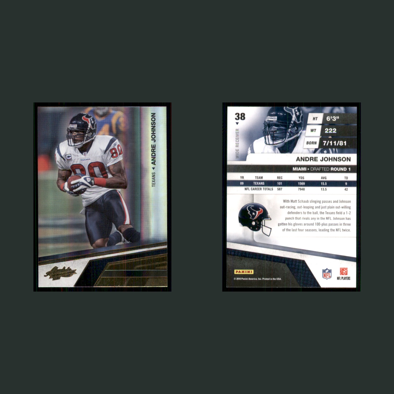 Andre Johnson #38 2010 Panini Absolute Houston Texans Football Card NFL front and back scans. Card condition is Near Mint.