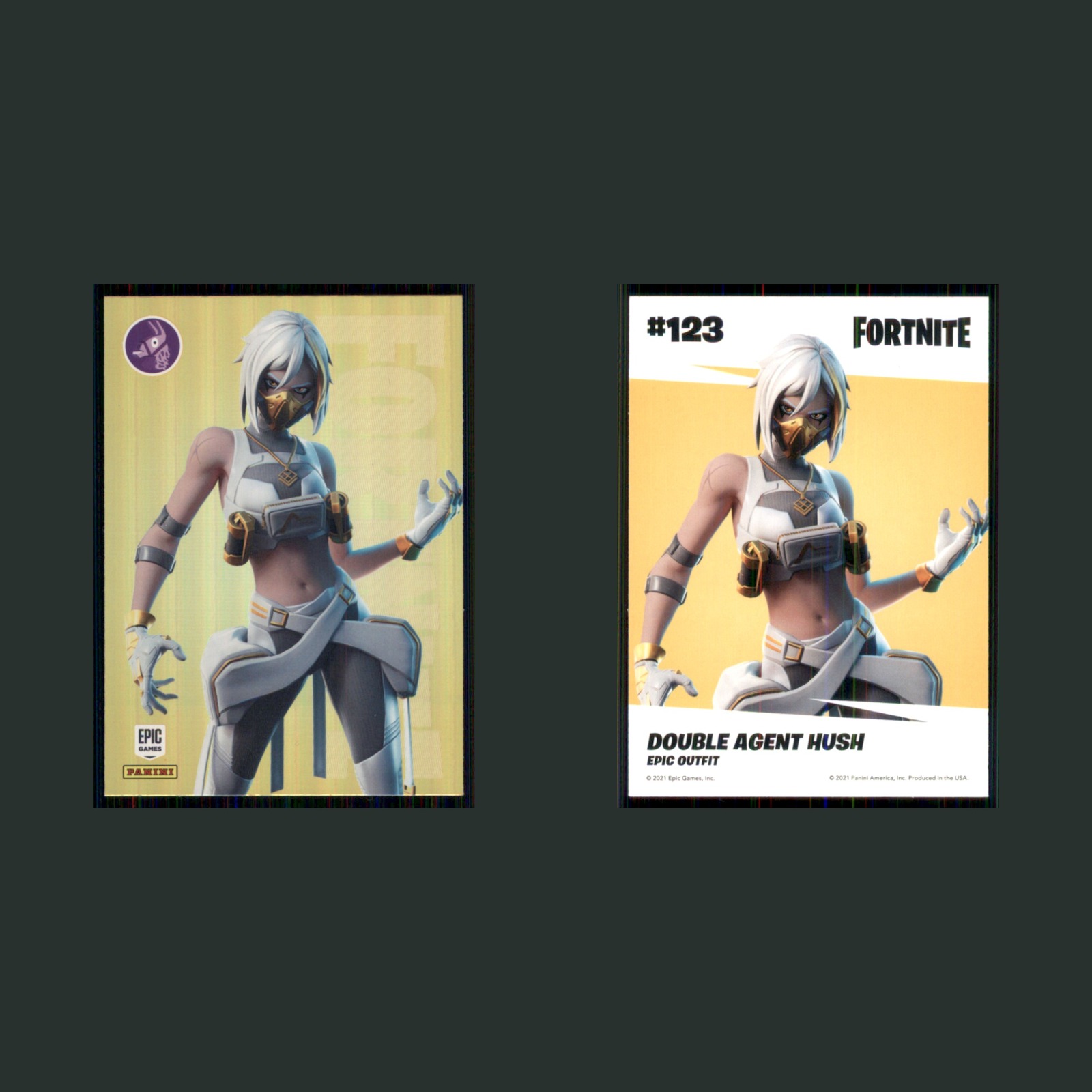 Double Agent Hush #123 2021 Panini Fortnite Holofoil Marvel Card front and back scans. Card condition is Near Mint.