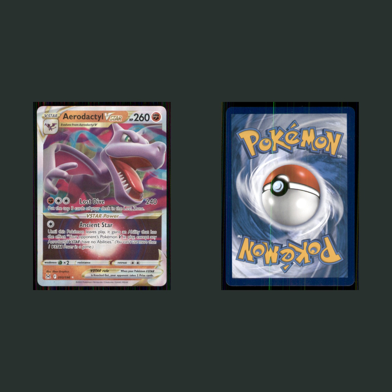 Aerodactyl VSTAR 093/196 2022 Lost Origin Holo Pokemon TCG Card front and back scans. Card condition is Near Mint.
