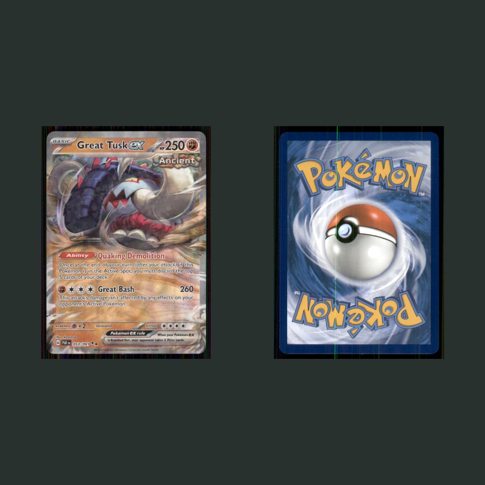 Great Tusk ex EX 053/091 2024 Scarlet & Violet Paldea Evolved Pokemon TCG Card front and back scans. Card condition is Near Mint.