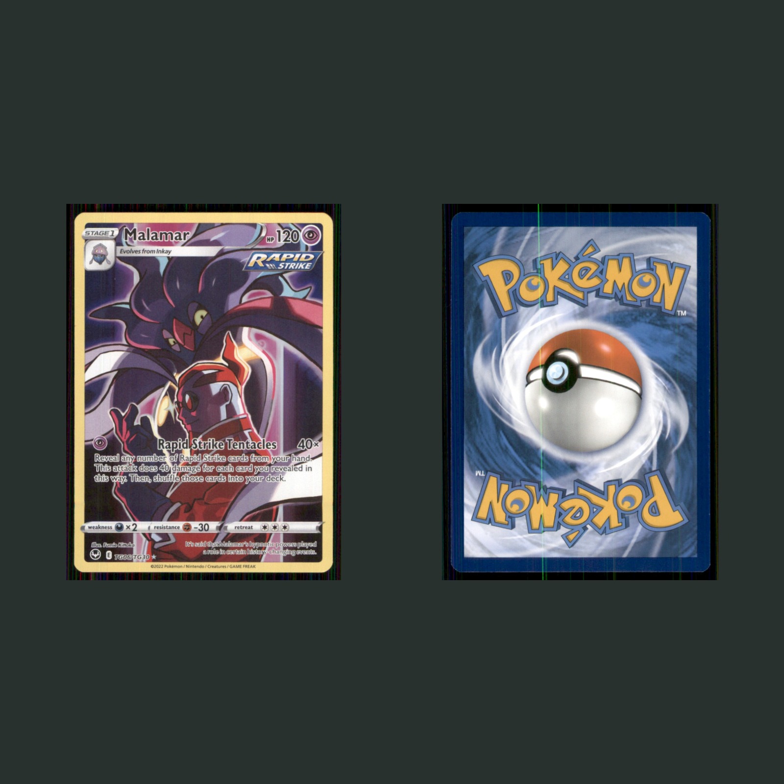 Malamar TG06/TG30 2022 Sword & Shield Silver Tempest Silver Pokemon TCG Card front and back scans. Card condition is Near Mint.