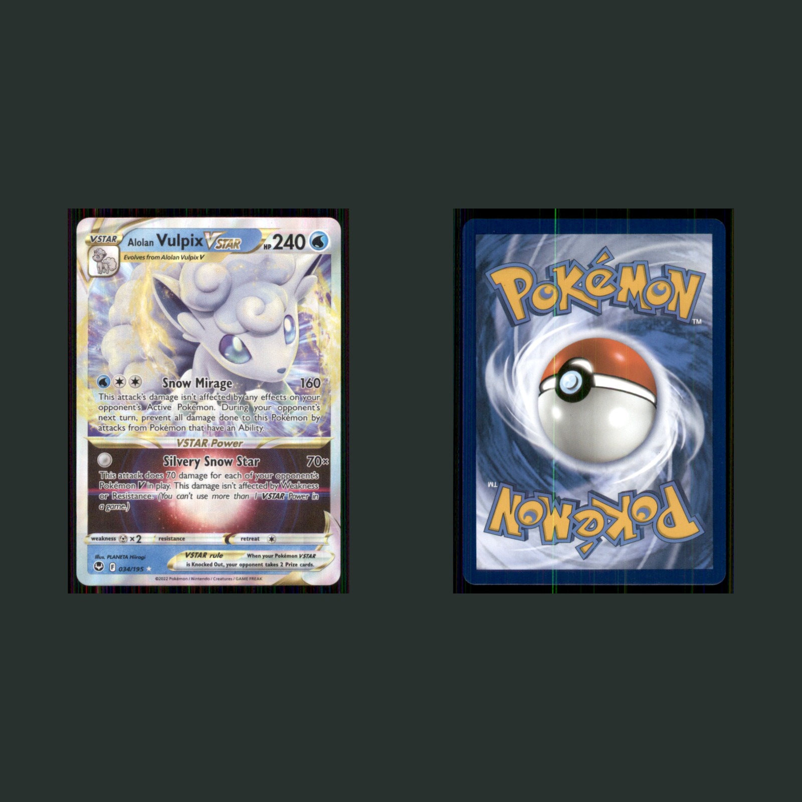 Alolan Vulpix VSTAR 034/195 2022 Silver Tempest Silver Pokemon TCG Card front and back scans. Card condition is Near Mint.