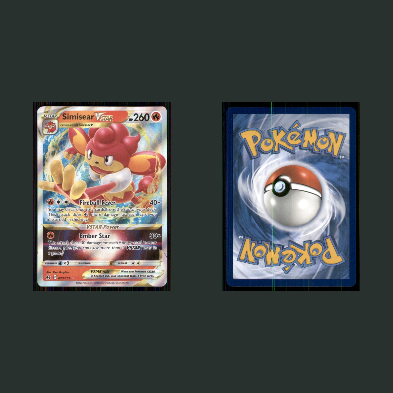Simisear VSTAR 023/159 2023 Crown Zenith Pokemon TCG Card front and back scans. Card condition is Near Mint.