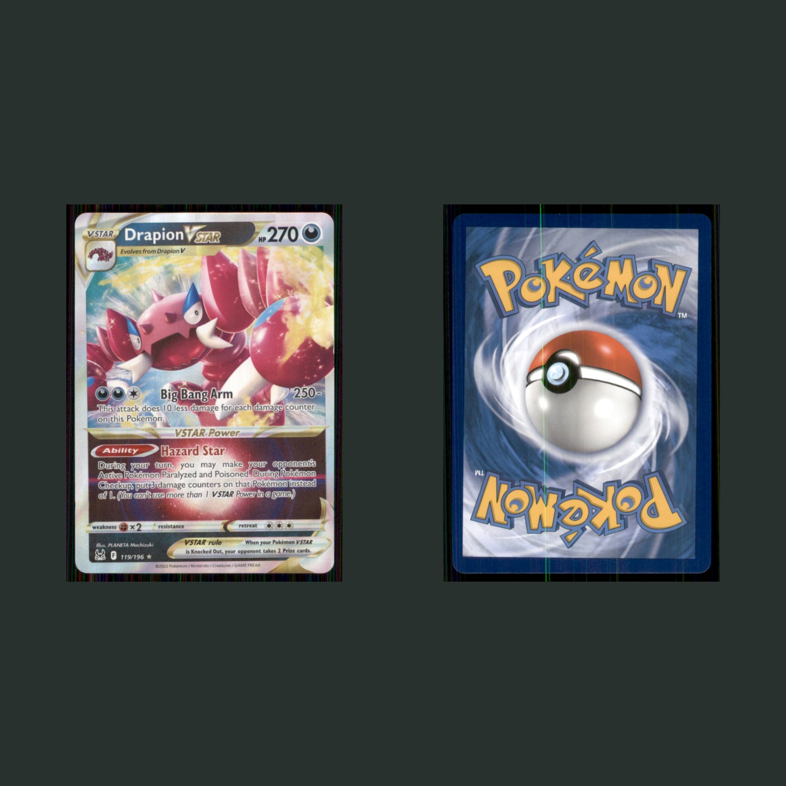Drapion VSTAR 119/196 2022 Lost Origin Pokemon TCG Card front and back scans. Card condition is Near Mint.