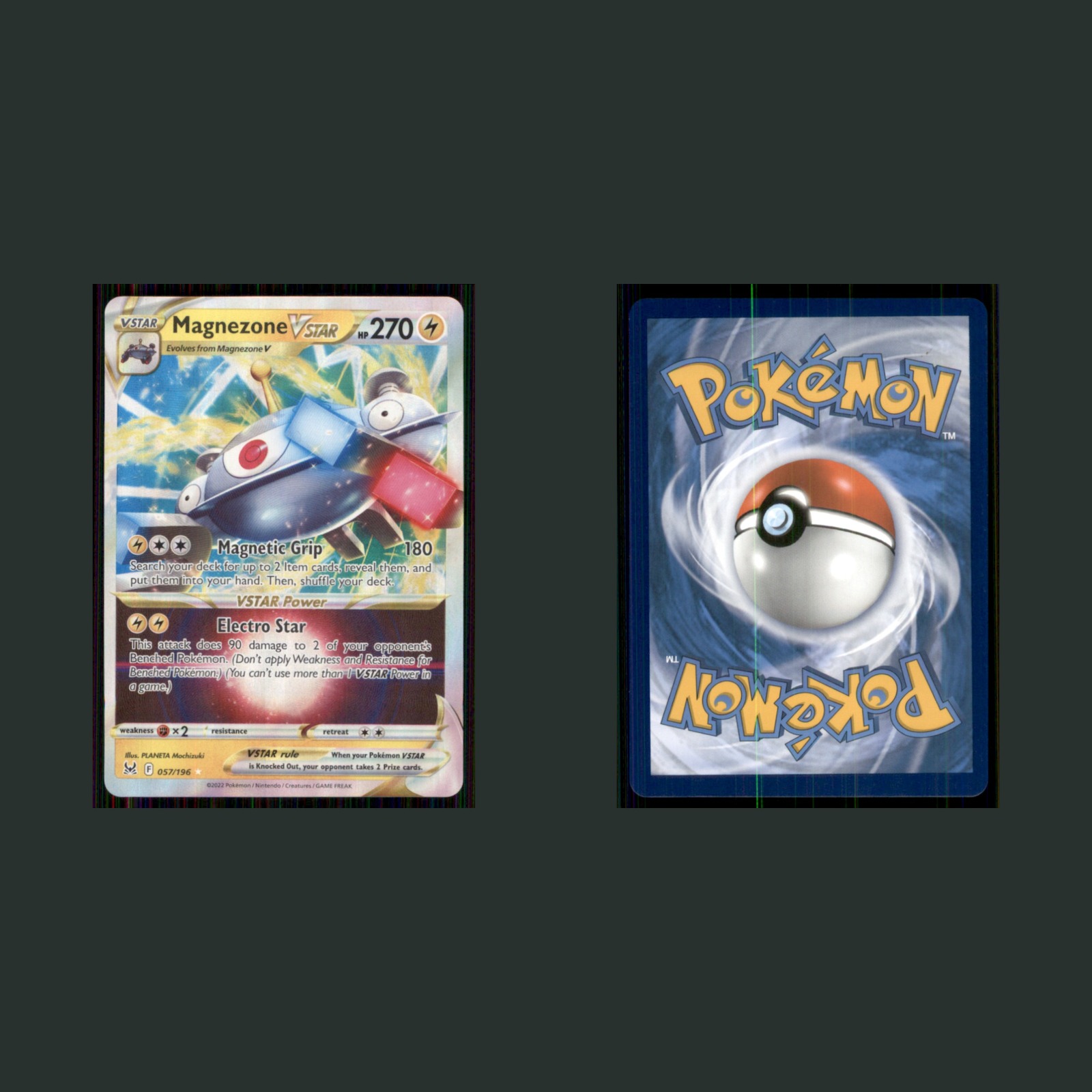 Magnezone VSTAR 057/196 2022 Sword & Shield Lost Origin Pokemon TCG Card front and back scans. Card condition is Near Mint.