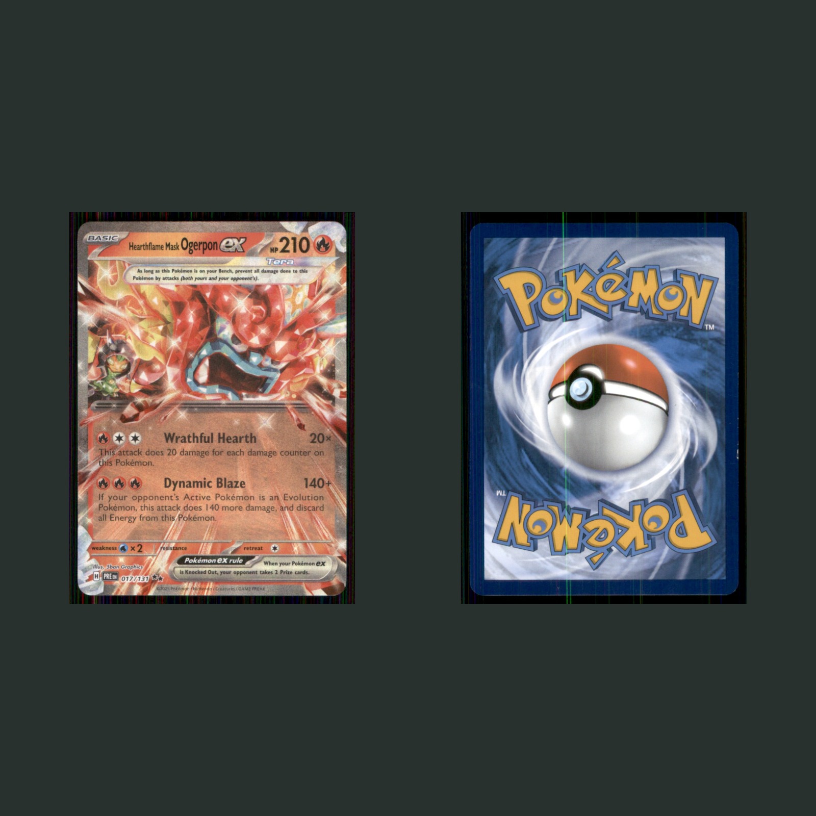 Heartflame Mask Ogerpon ex EX 017/131 2025 Prismatic Evolutions Pokemon TCG Card front and back scans. Card condition is Near Mint.