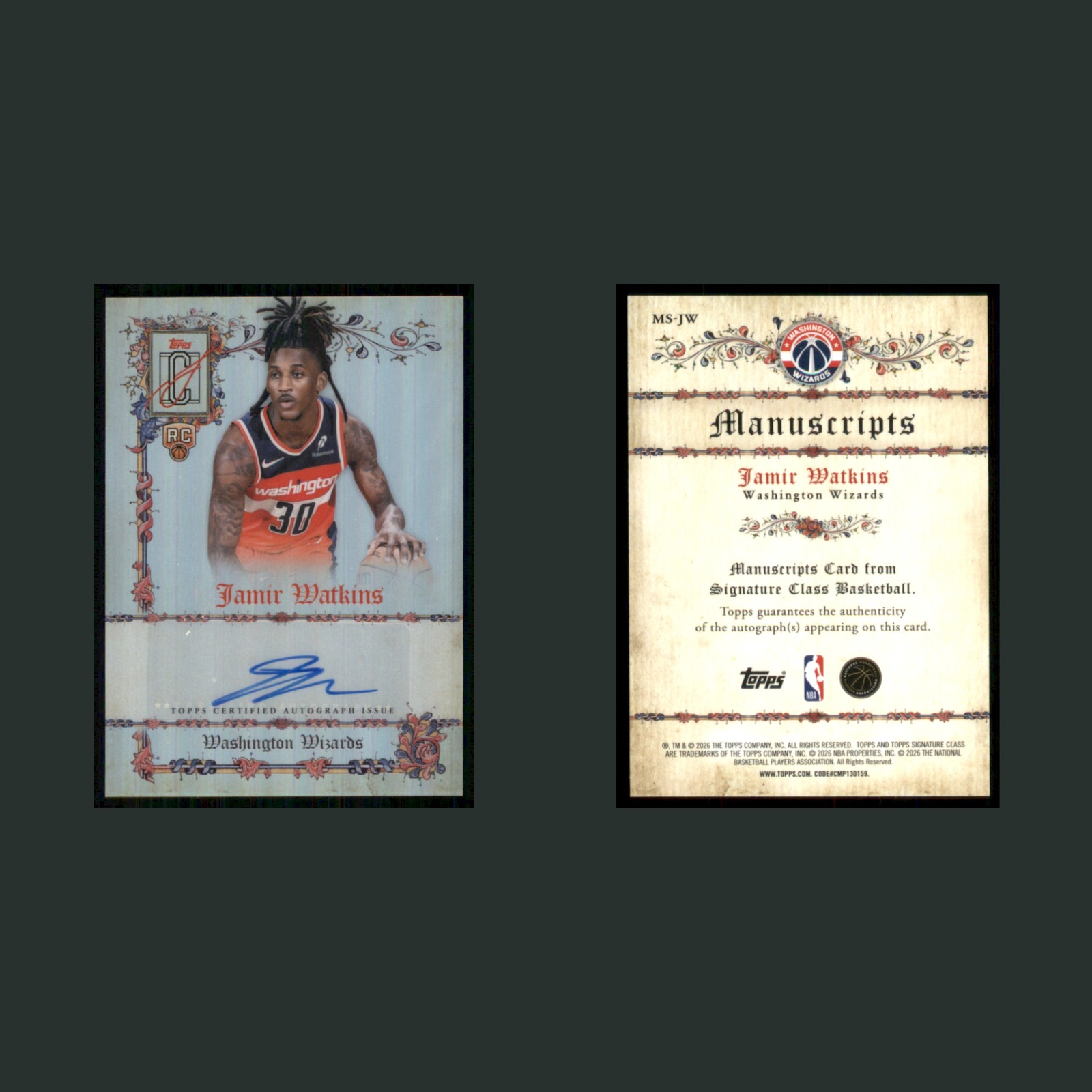 Jamir Watkins Rookie #MS-JW Autograph 2026-27 Topps Signature Class Manuscripts front and back scans. Card condition is Near Mint.