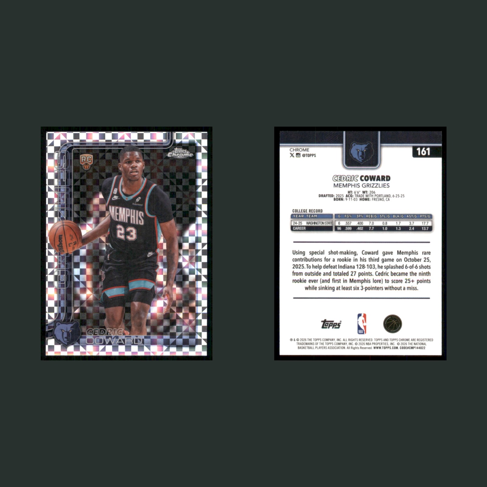 Cedric Coward Rookie #161 2026-27 Topps Chrome Xfractor Memphis Grizzlies Card front and back scans. Card condition is Near Mint.