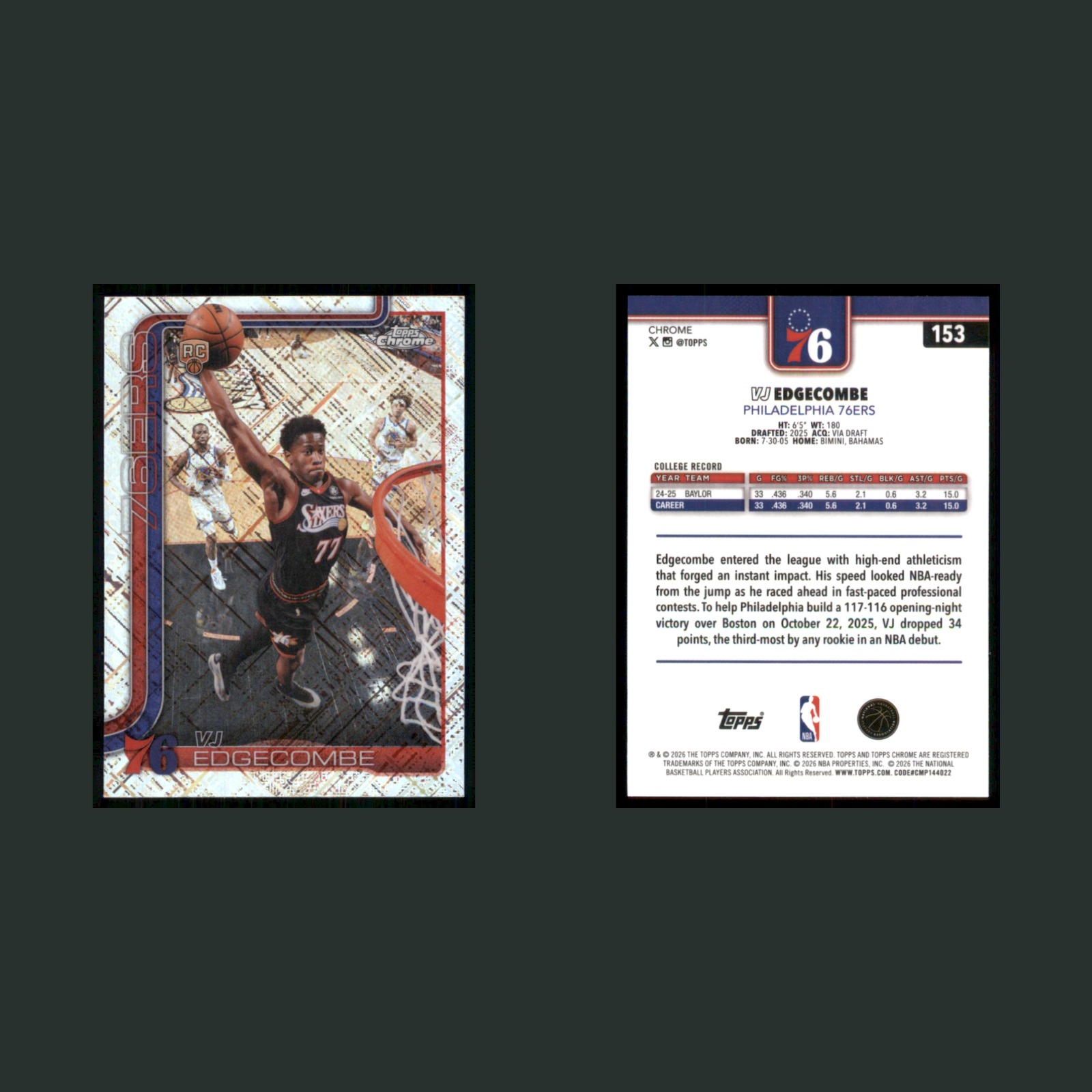 VJ Edgecombe Rookie #153 2026-27 Topps Chrome Skylight Refractor 76ers Card NBA front and back scans. Card condition is Near Mint.