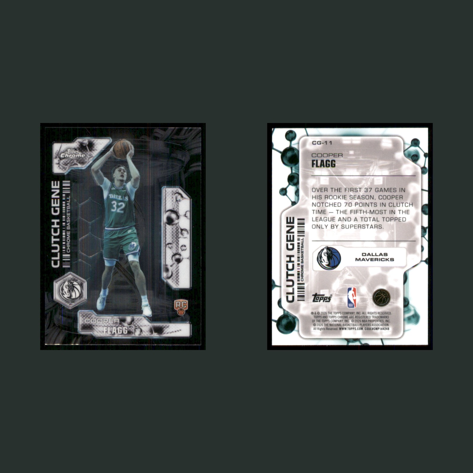 Cooper Flagg Rookie #CG-11 2026-27 Topps Chrome Clutch Gene Dallas Mavericks NBA front and back scans. Card condition is Near Mint.