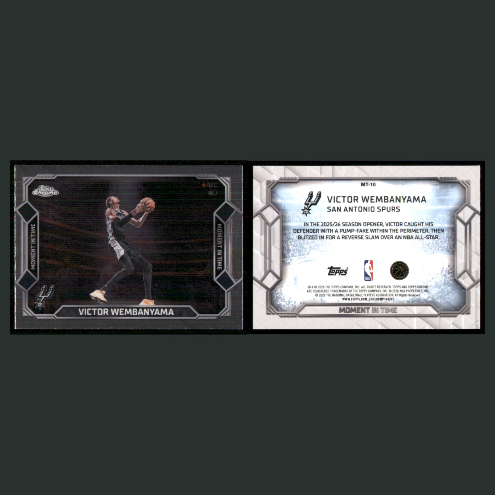Victor Wembanyama Rookie #MT-10 Wemby 2026-27 Topps Chrome Moment In Time Spurs front and back scans. Card condition is Near Mint.