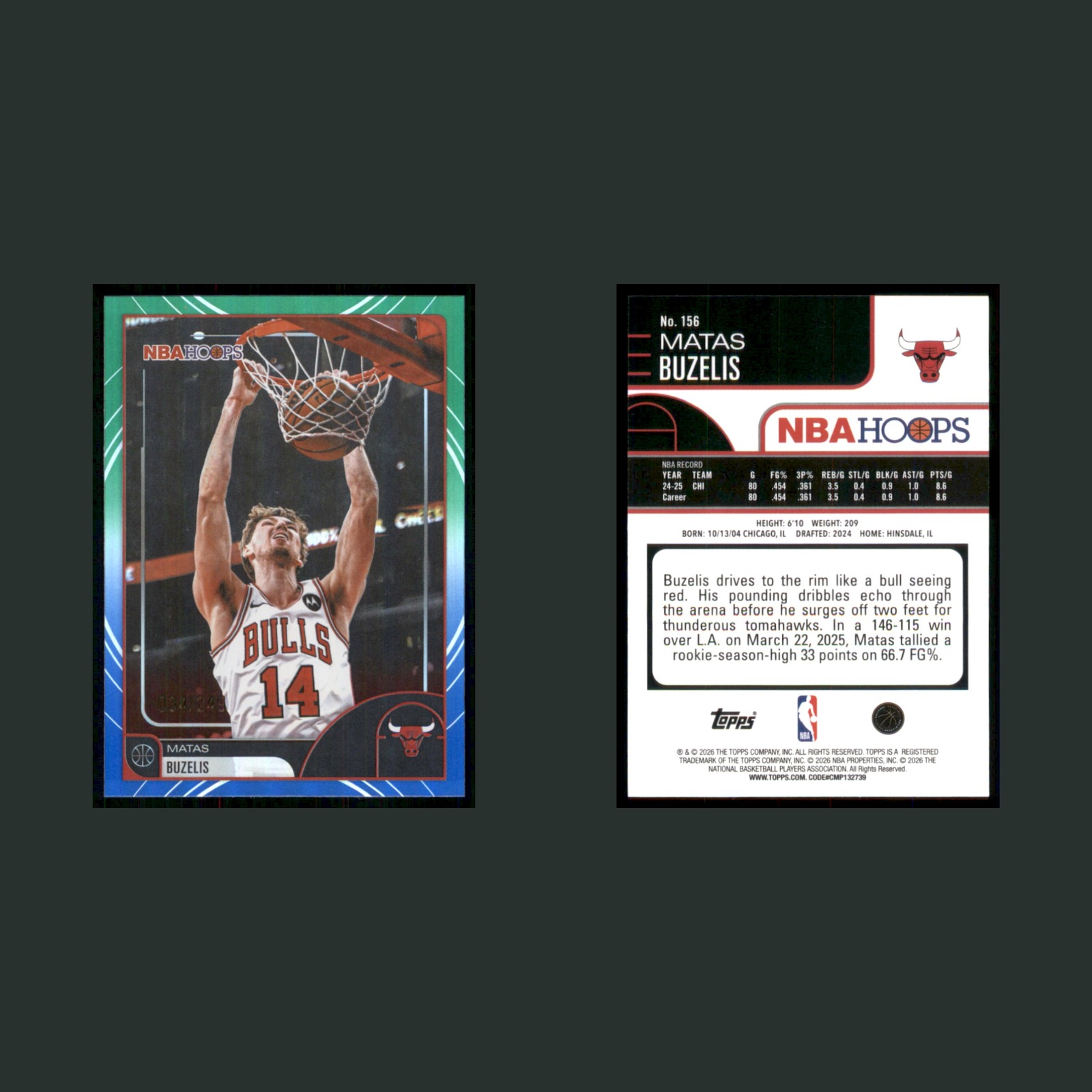 Matas Buzelis Rookie /249 #156 2026-27 NBA Hoops Green Blue Chicago Bulls Card front and back scans. Card condition is Near Mint.