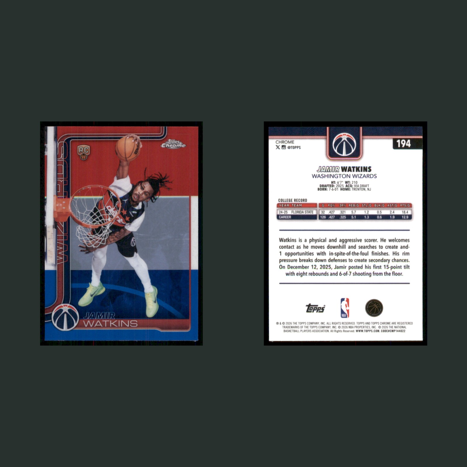 Jamir Watkins Rookie #194 2026-27 Topps Chrome Red White Blue Refractor Wizards front and back scans. Card condition is Near Mint.