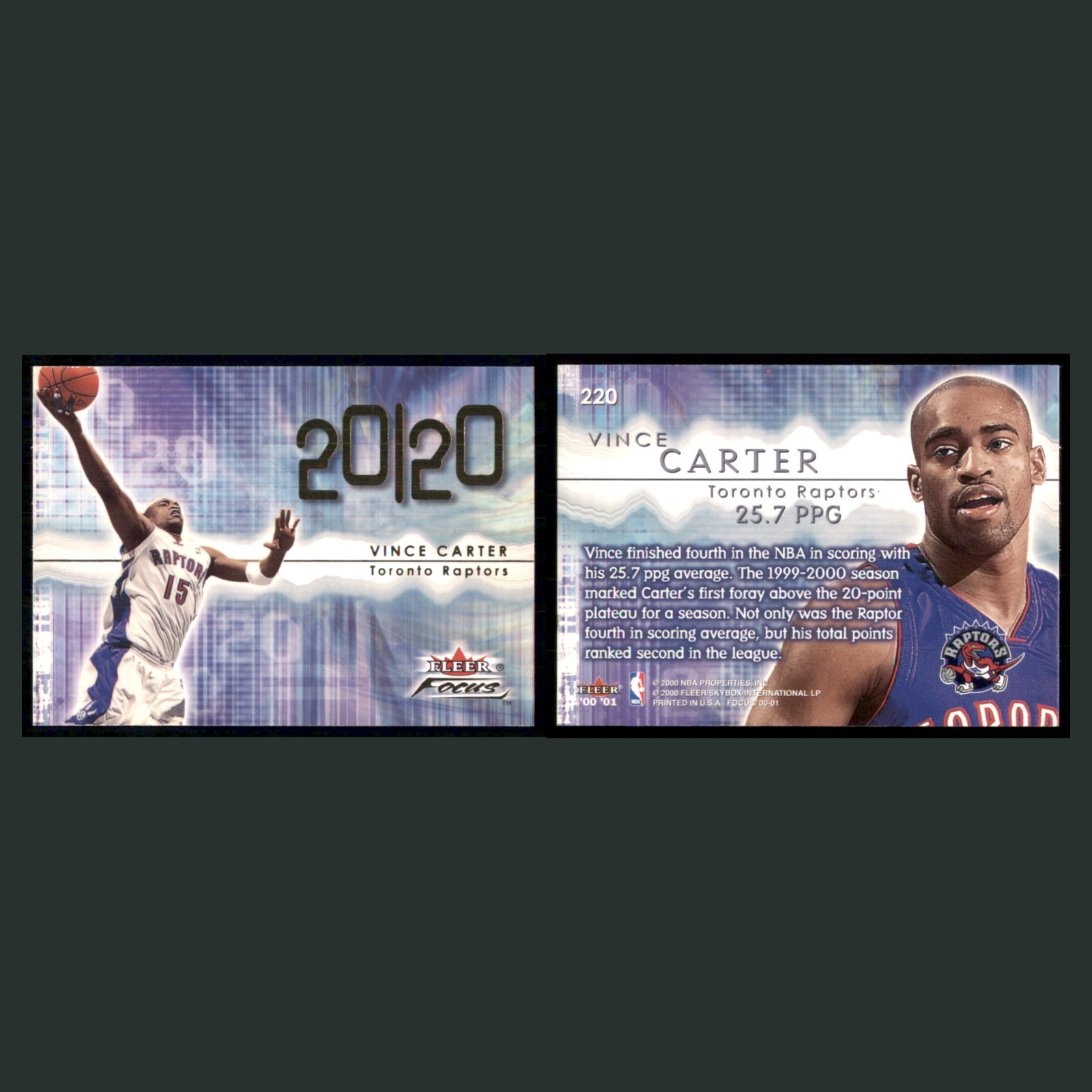 Vince Carter #220 2000-01 Fleer Focus 20/20 Toronto Raptors Basketball Card NBA front and back scans. Card condition is Near Mint.