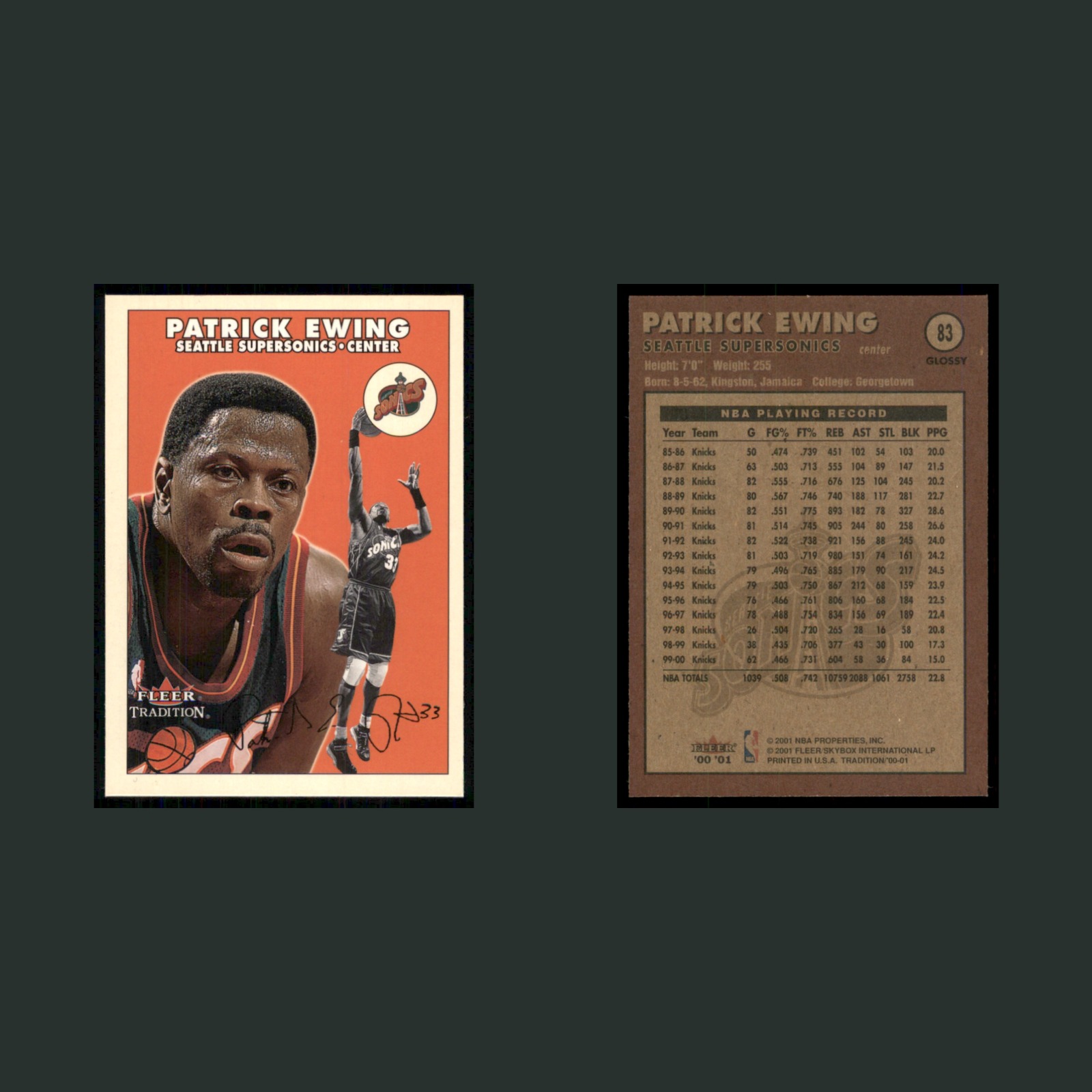Patrick Ewing #83 2001-02 Fleer Tradition Glossy Seattle Supersonics Basketball front and back scans. Card condition is Near Mint.