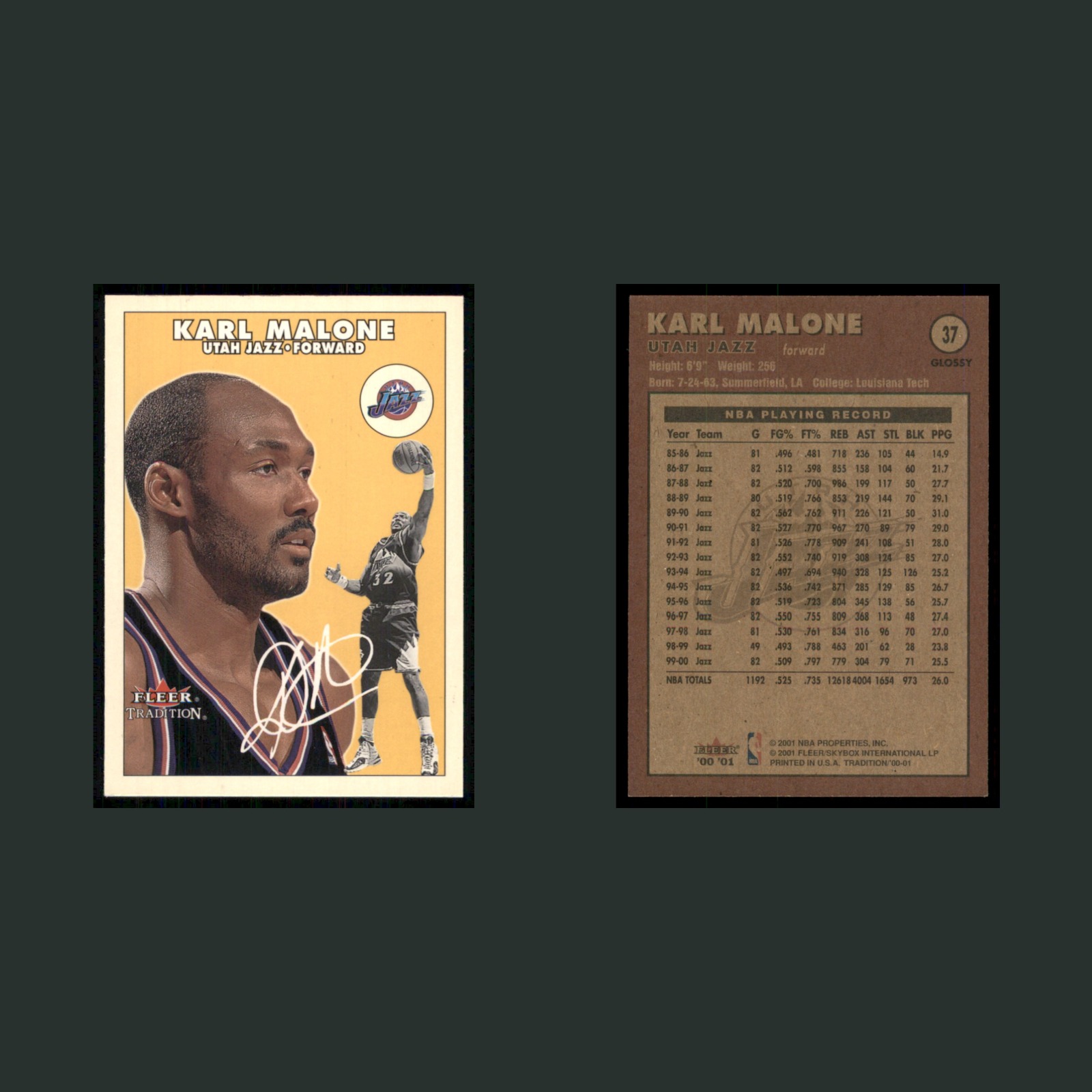 Karl Malone #37 2001-02 Fleer Tradition Glossy Utah Jazz Basketball Card NBA front and back scans. Card condition is Near Mint.