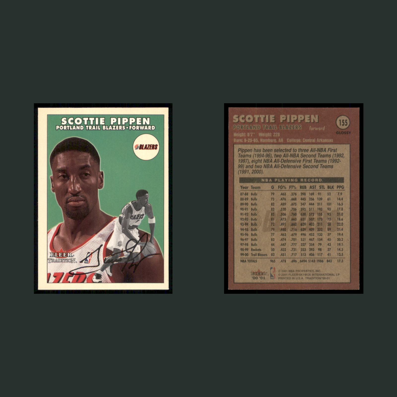 Scottie Pippen #155 2001-02 Fleer Tradition Glossy Portland Trail Blazers Card front and back scans. Card condition is Near Mint.