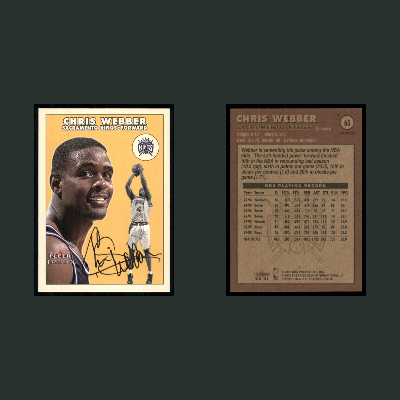 Chris Webber #63 2001-02 Fleer Tradition Glossy Sacramento Kings Basketball Card front and back scans. Card condition is Near Mint.
